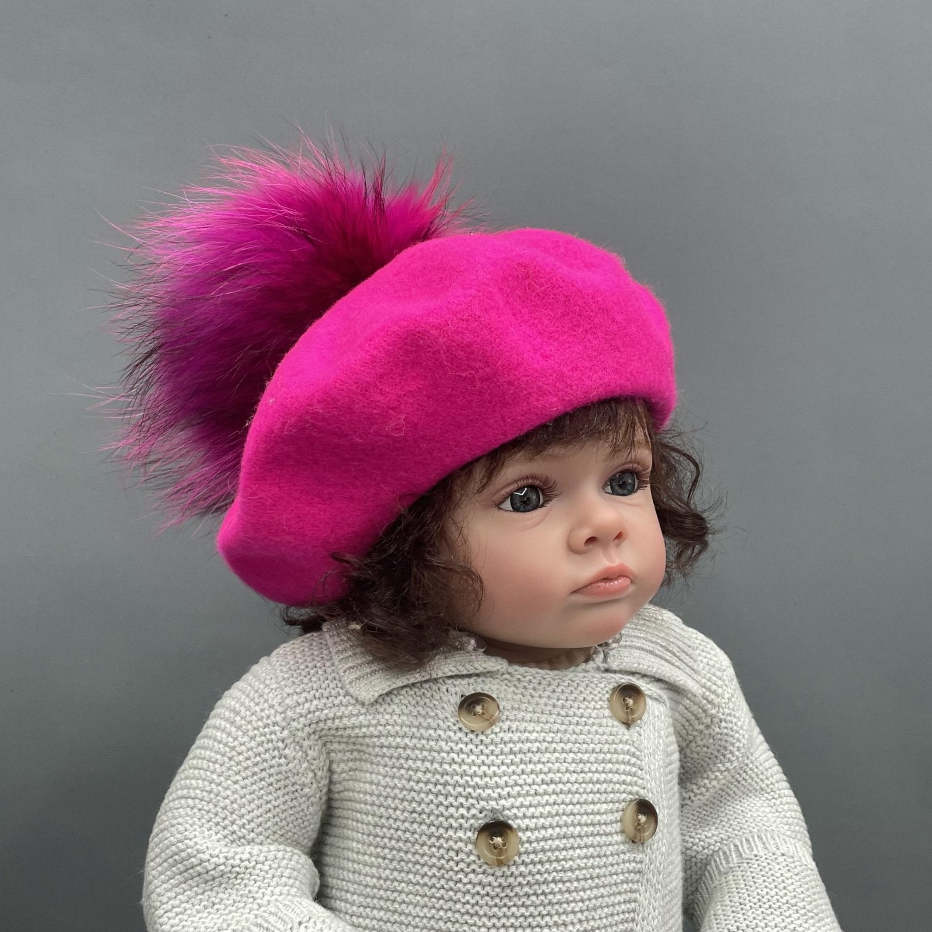 New Children's Autumn and Winter Wool Beret with Fur Pom Pom - Janefur