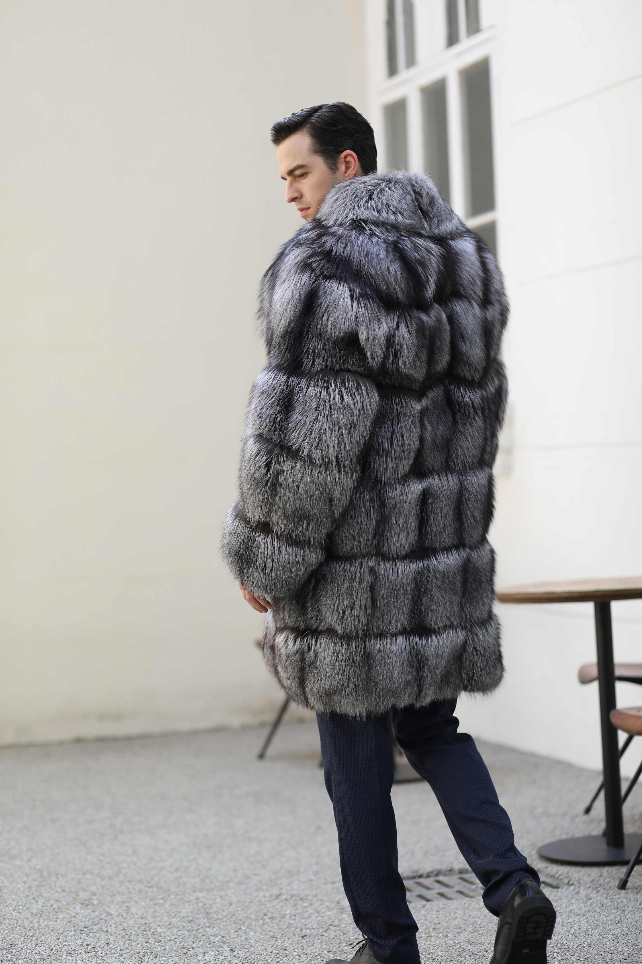 Long High-Quality Men's Winter Fur Coat Fashion Silver Fox Fur Coat - Janefur