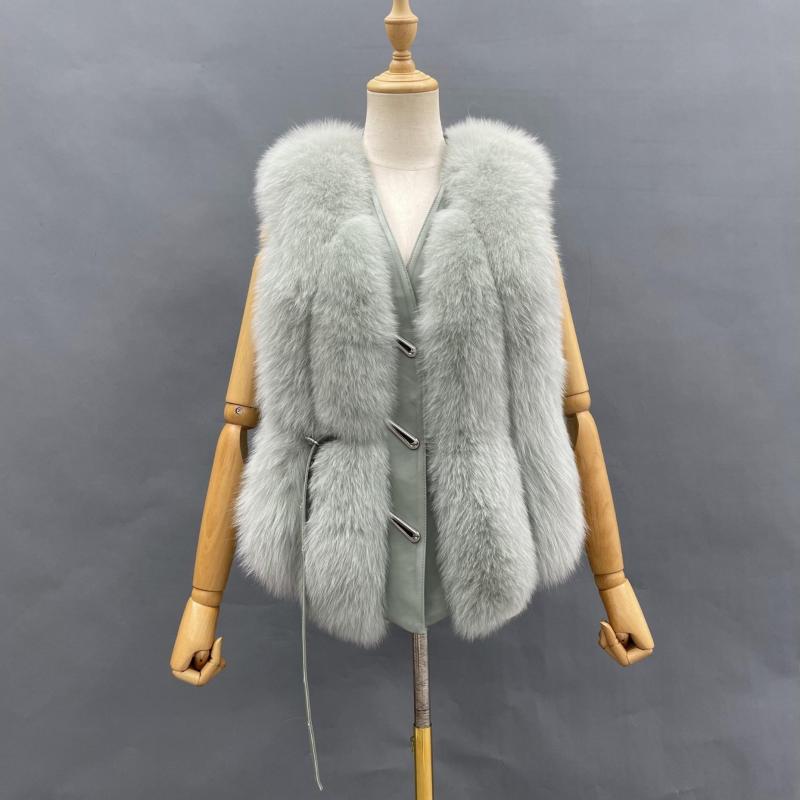 Vertical Stripe Buckle Decorated Draped Fox Fur Vest (Short) - Janefur