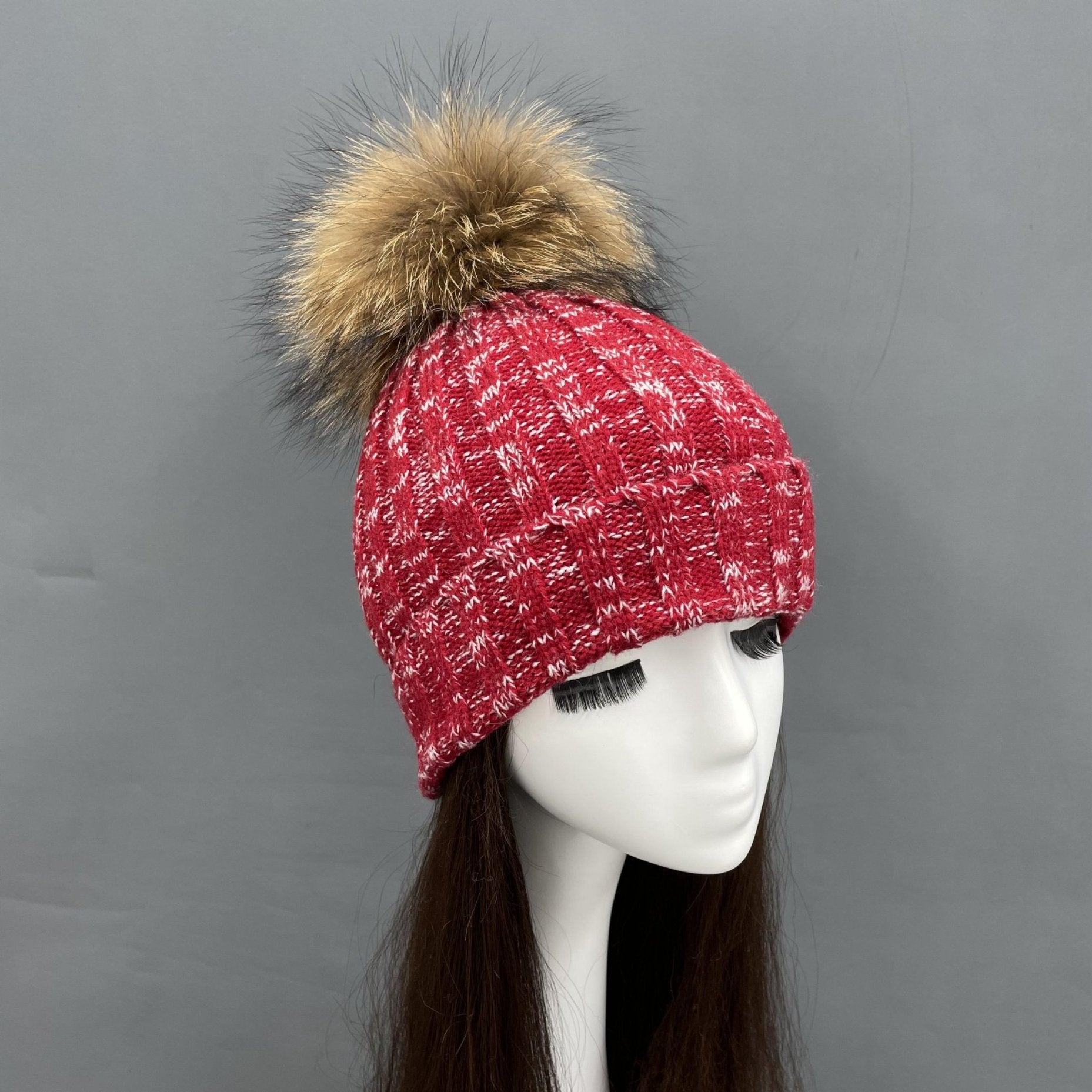New Fall And Winter Striped With Fur Pom Pom Acrylic Hat - Janefur