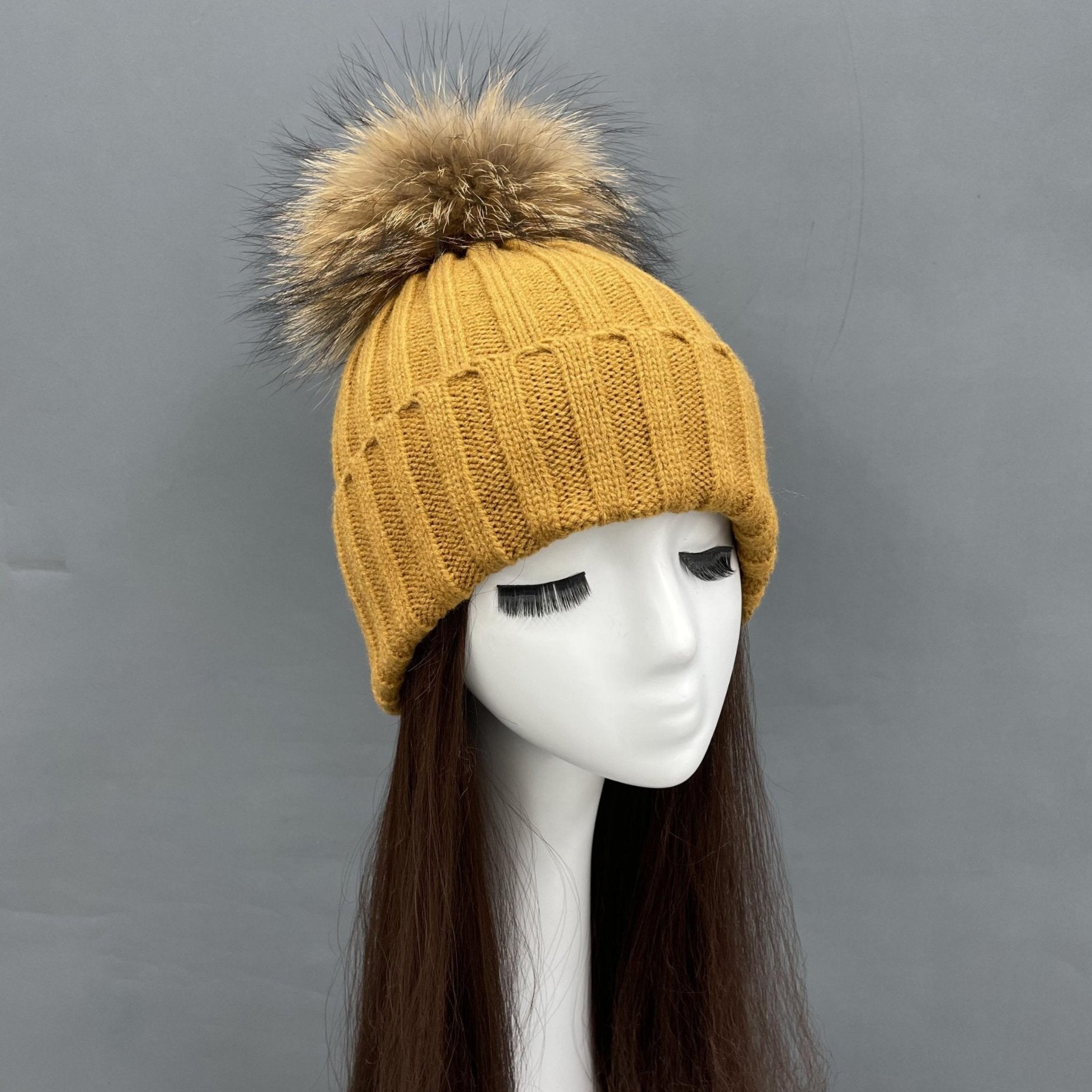 New Fall And Winter Striped With Fur Pom Pom Acrylic Hat - Janefur