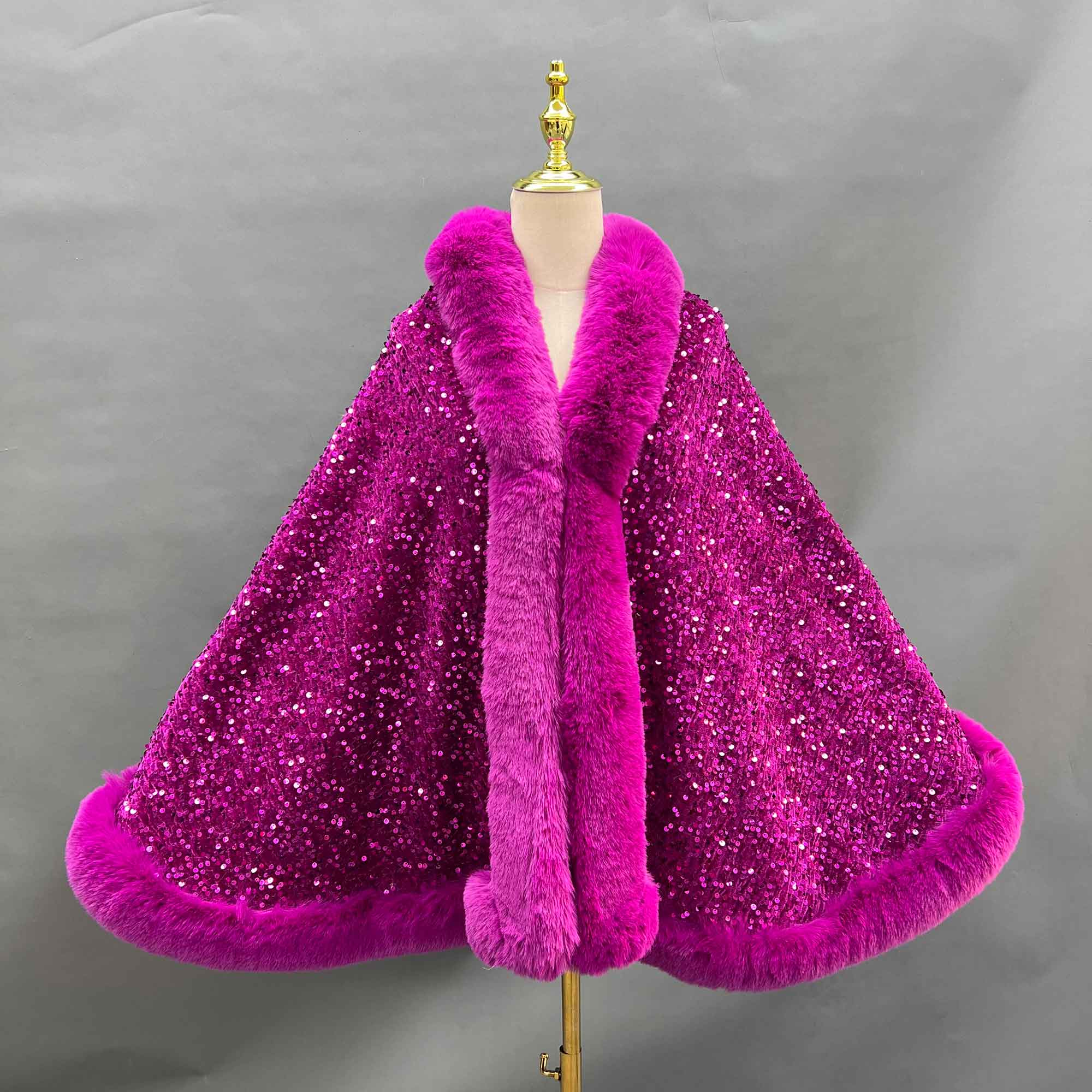 Janefur Fashionable Warm Faux Fur Sequined Cape Shawl - Janefur