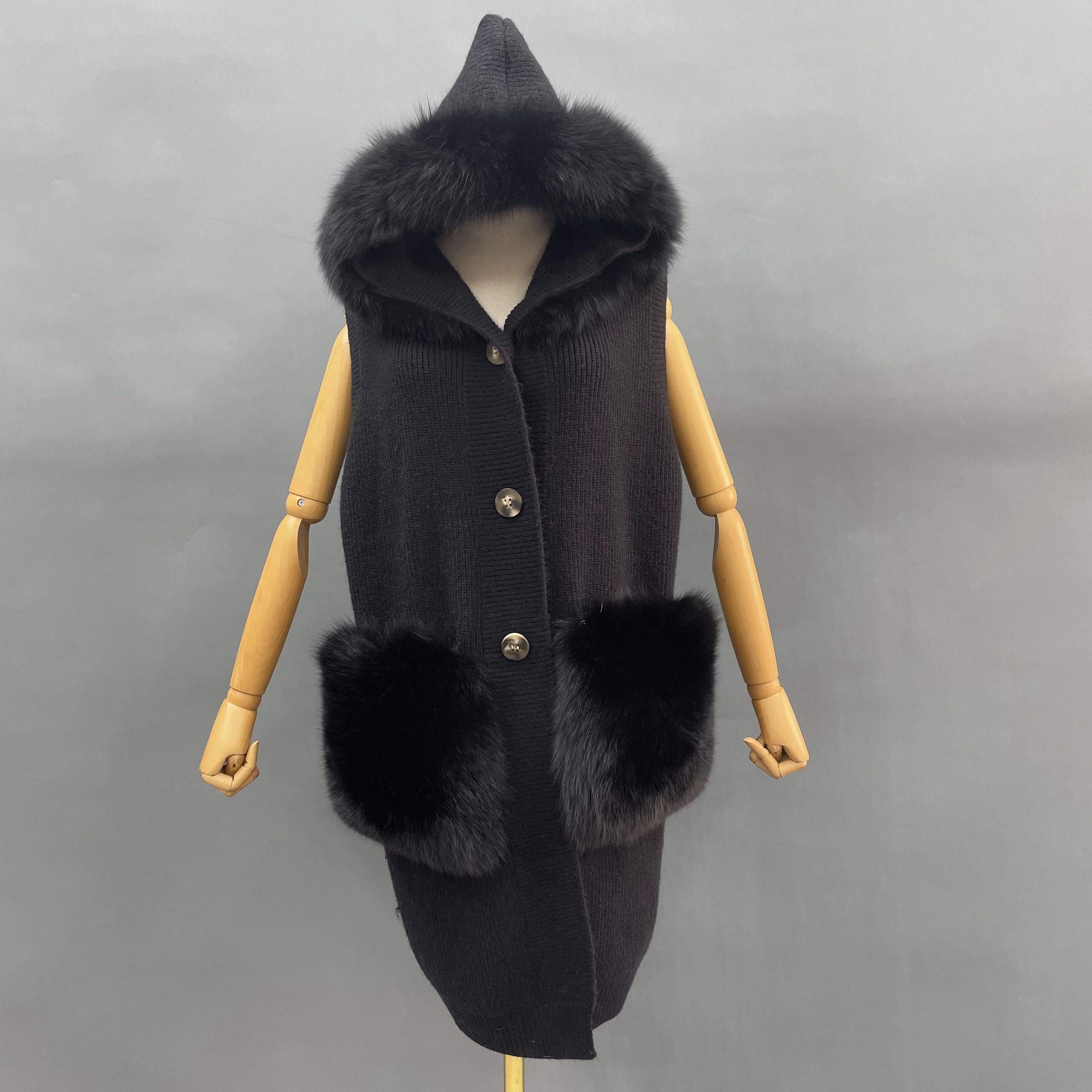 Women's Knitted Sweater Hooded Vest Sleeveless Button Down Cardigan Outwear Top with Pockets - Janefur