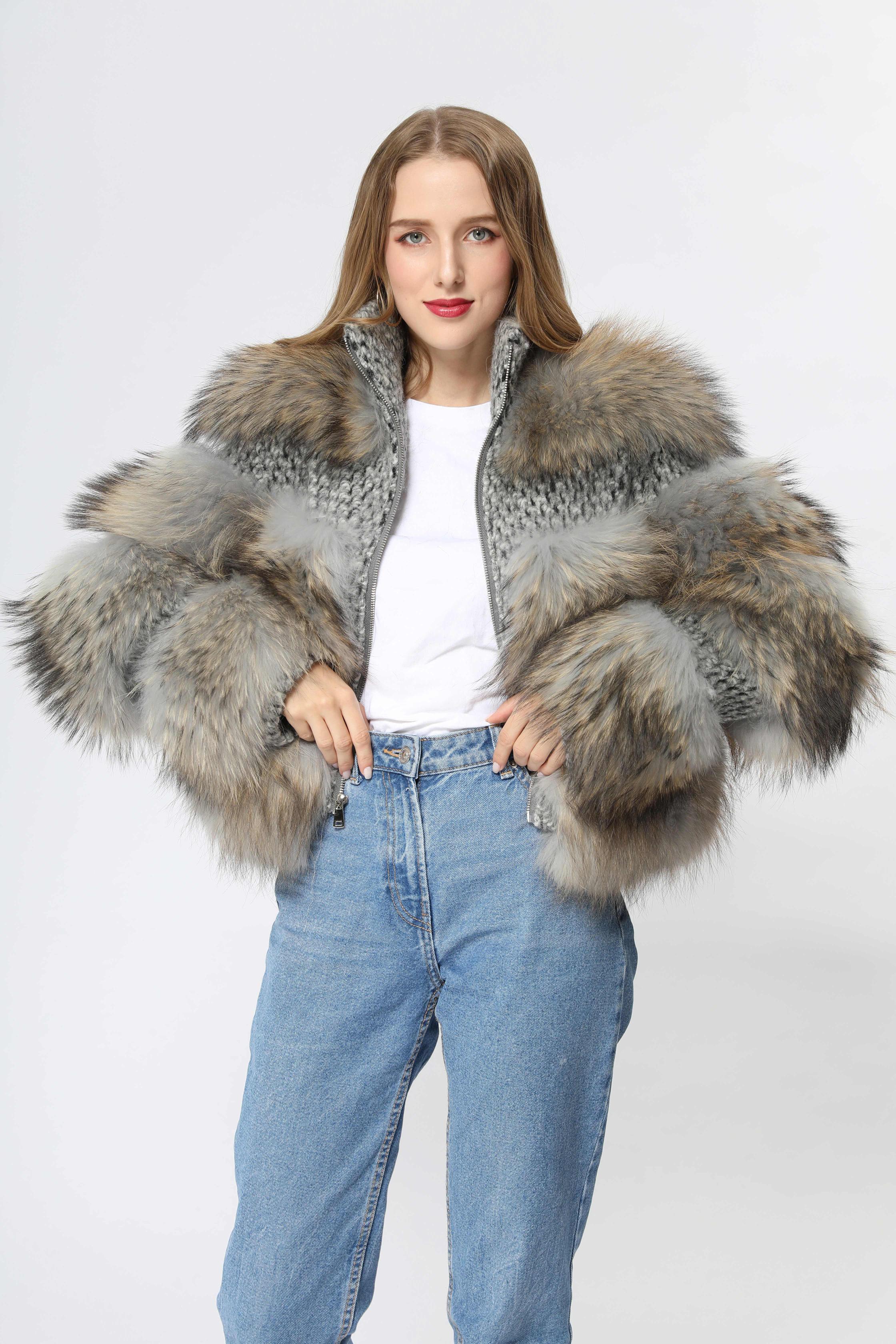 Fashion Women's Short Chanel Style Raccoon Fur Layered Coat - Janefur