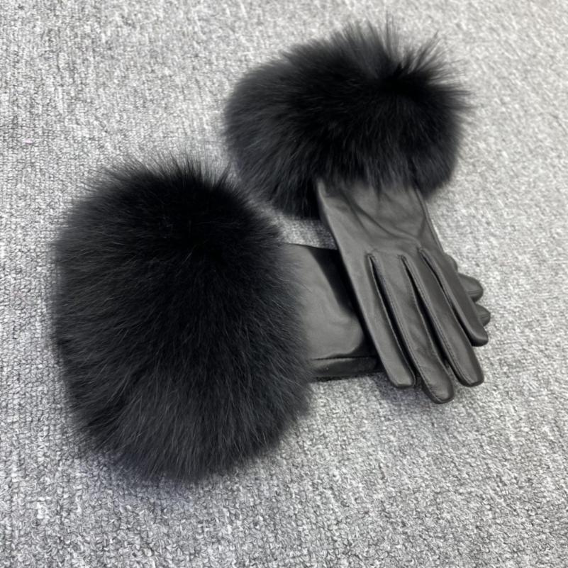 Fox Fur Leather Gloves Rose - Janefur