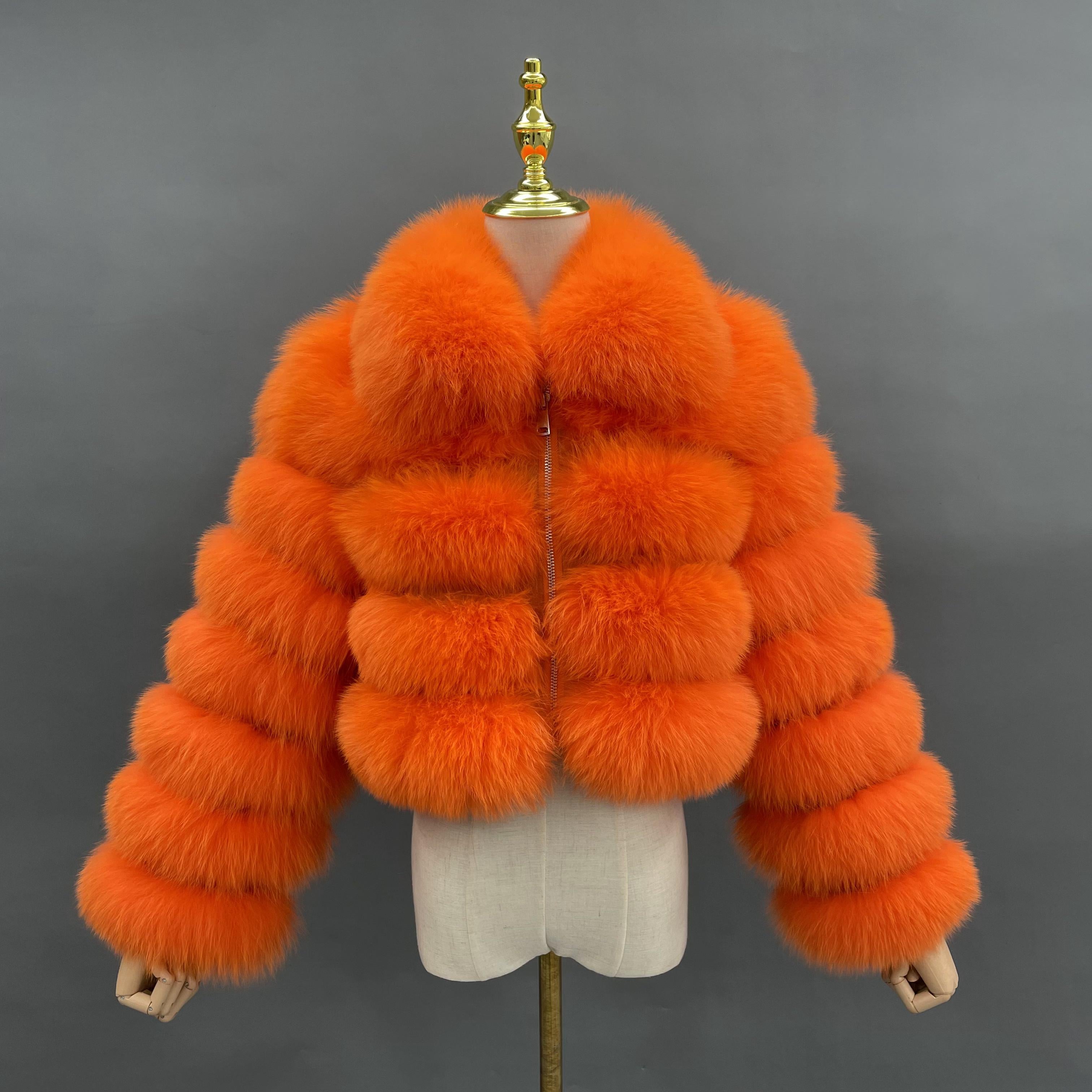 Women's Short Zip Fox Leather Jacket Square Neck Fluffy Fashion Coat - Janefur
