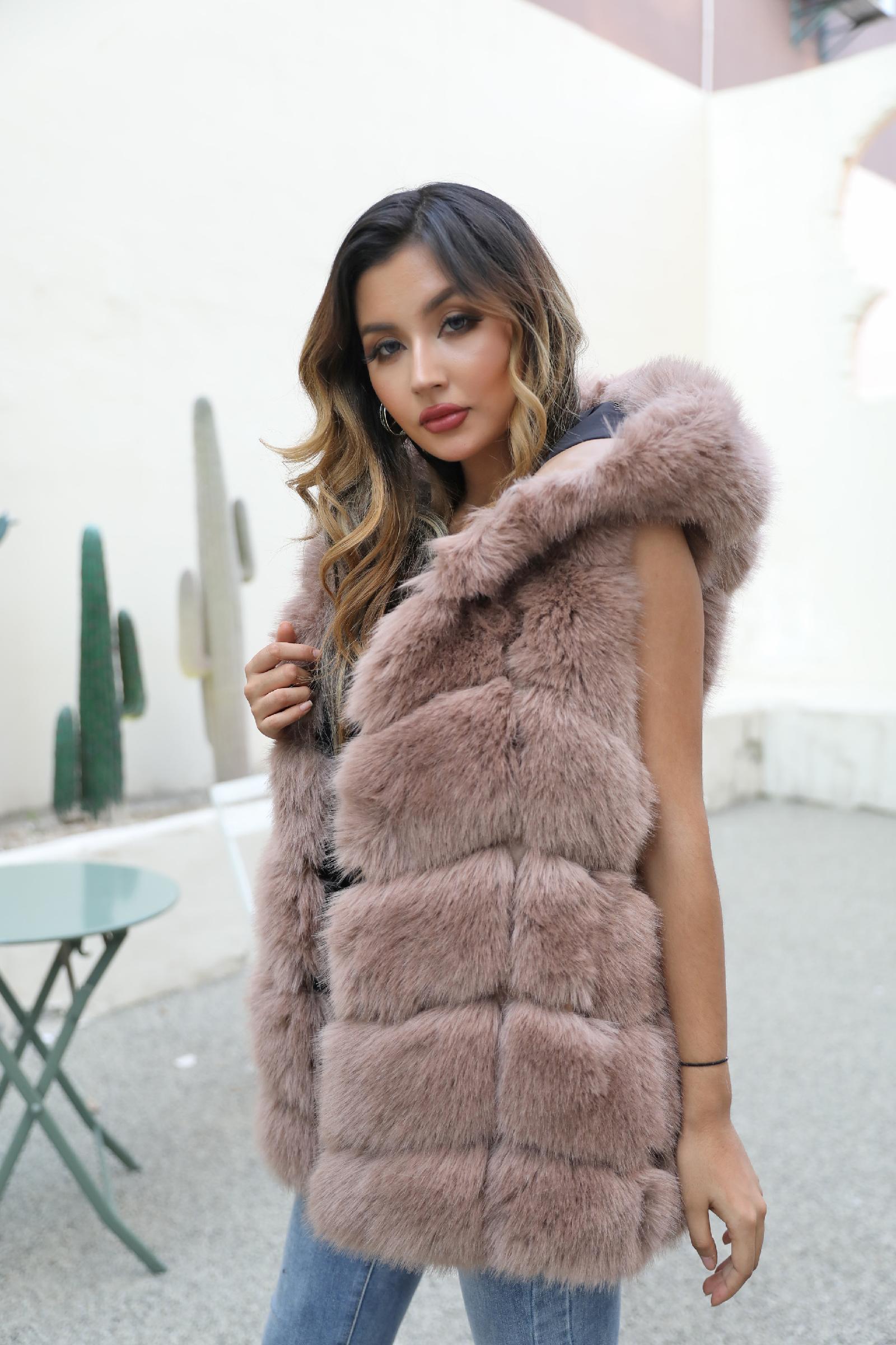 Women's Hooded Vest for Spring and Autumn Faux Fur Vest Eco Fur Coat - Janefur
