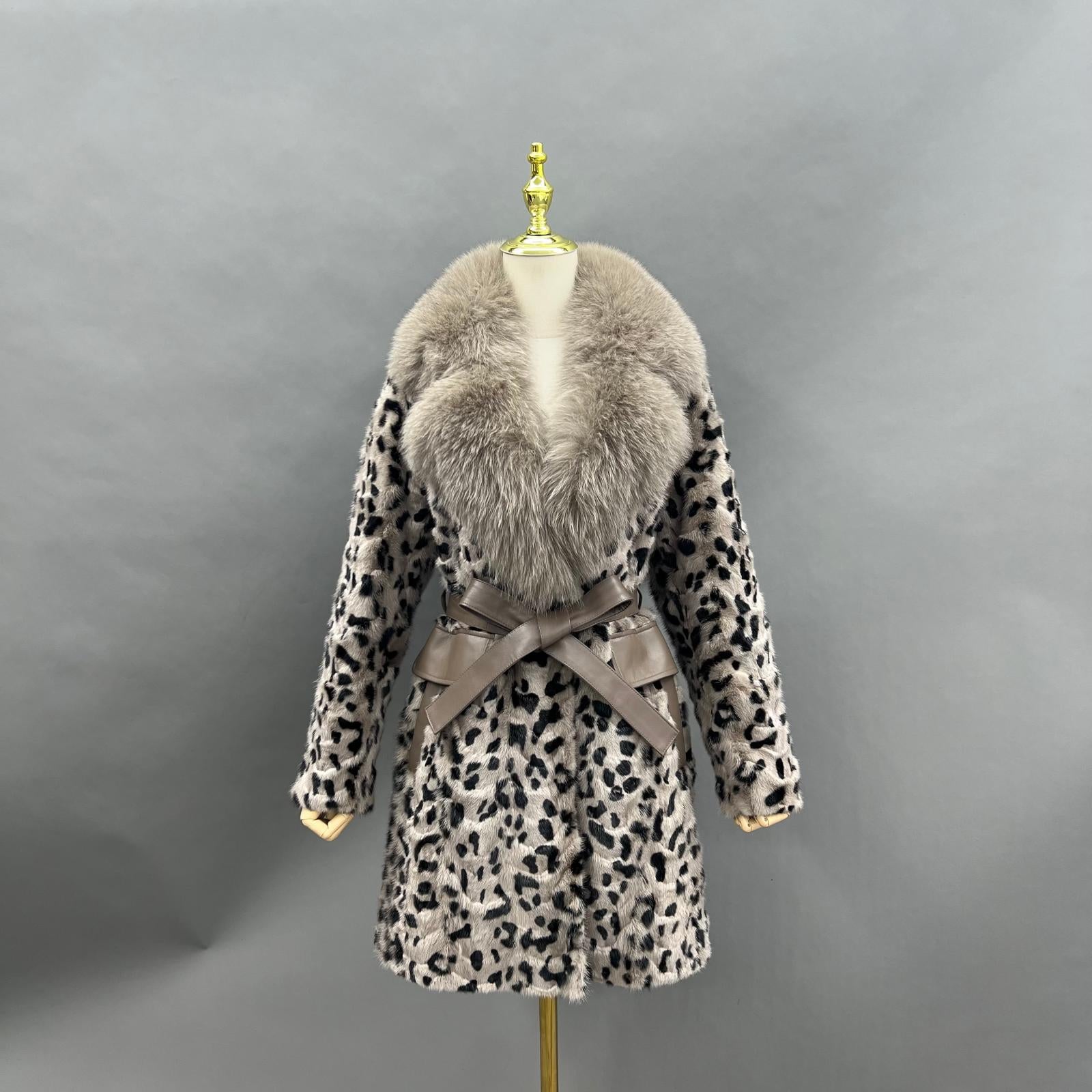 Mink Fur Women's Blazer with Lapel Mid-Length Belted Coat Mink Fur Trimmed Jacket - Janefur