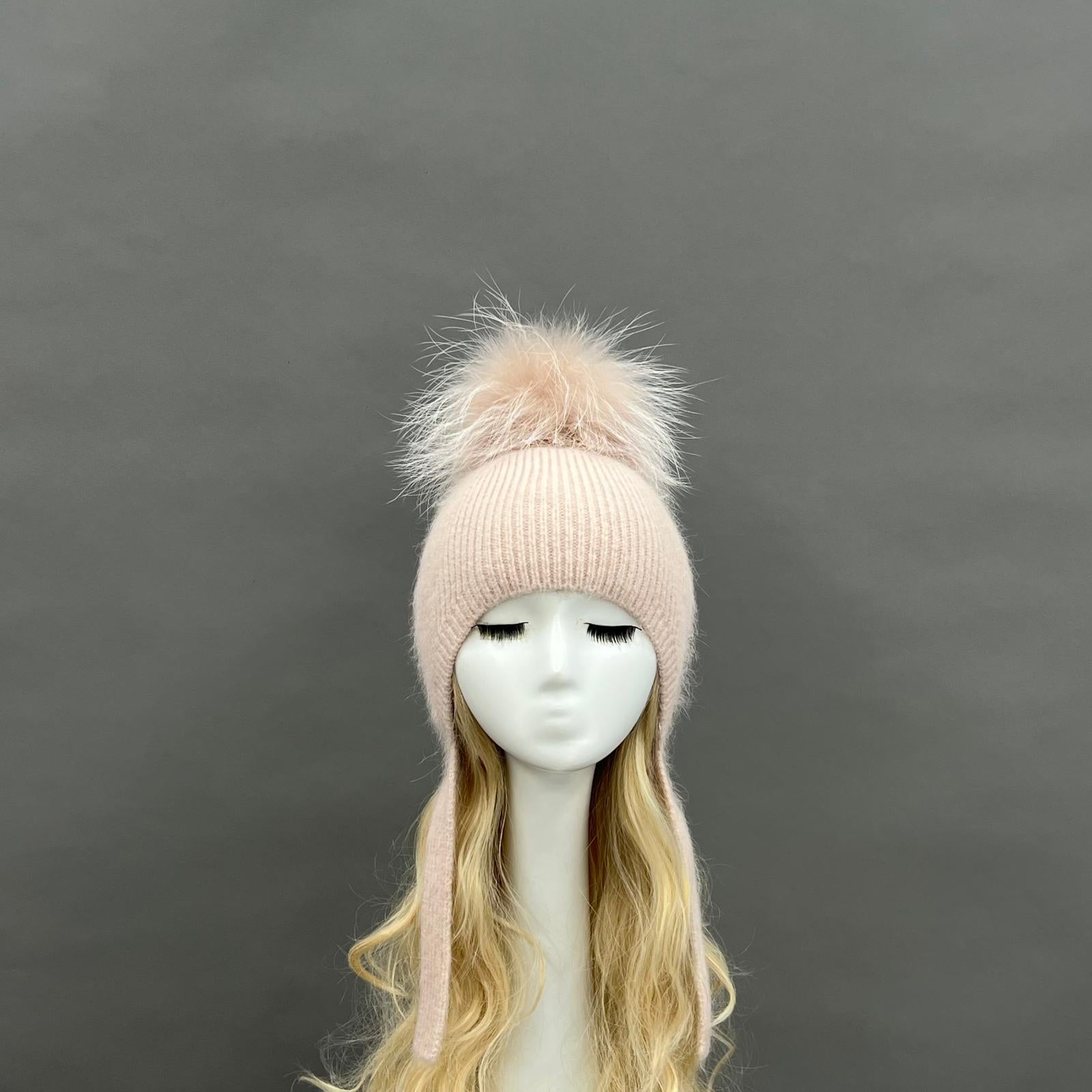 Adult Rabbit Fur Pom Pom Ear Muff Hat with Windproof and Warm Protection - Janefur