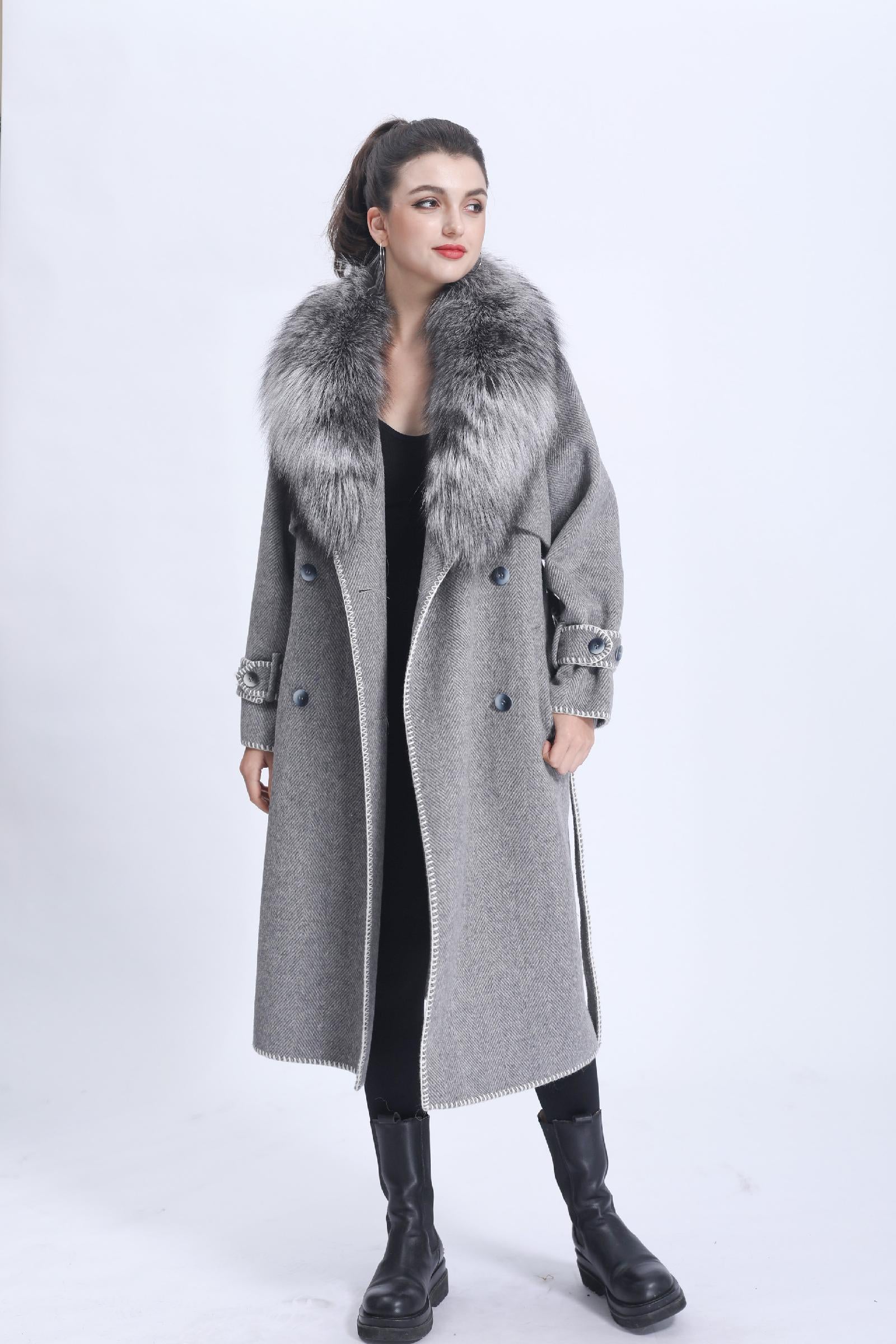 Women's Double-faced Wool Coat with Luxurious Silver Fox Fur Collar Cashmere Jacket - Janefur