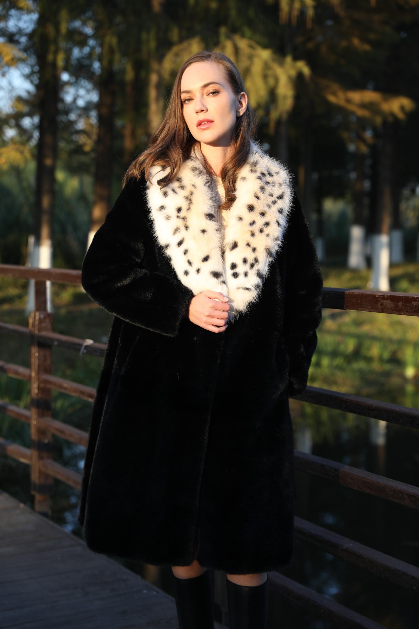 Women's Chic Leopard Print Large Lapel Faux Mink Eco-Friendly Fur Coat - Janefur