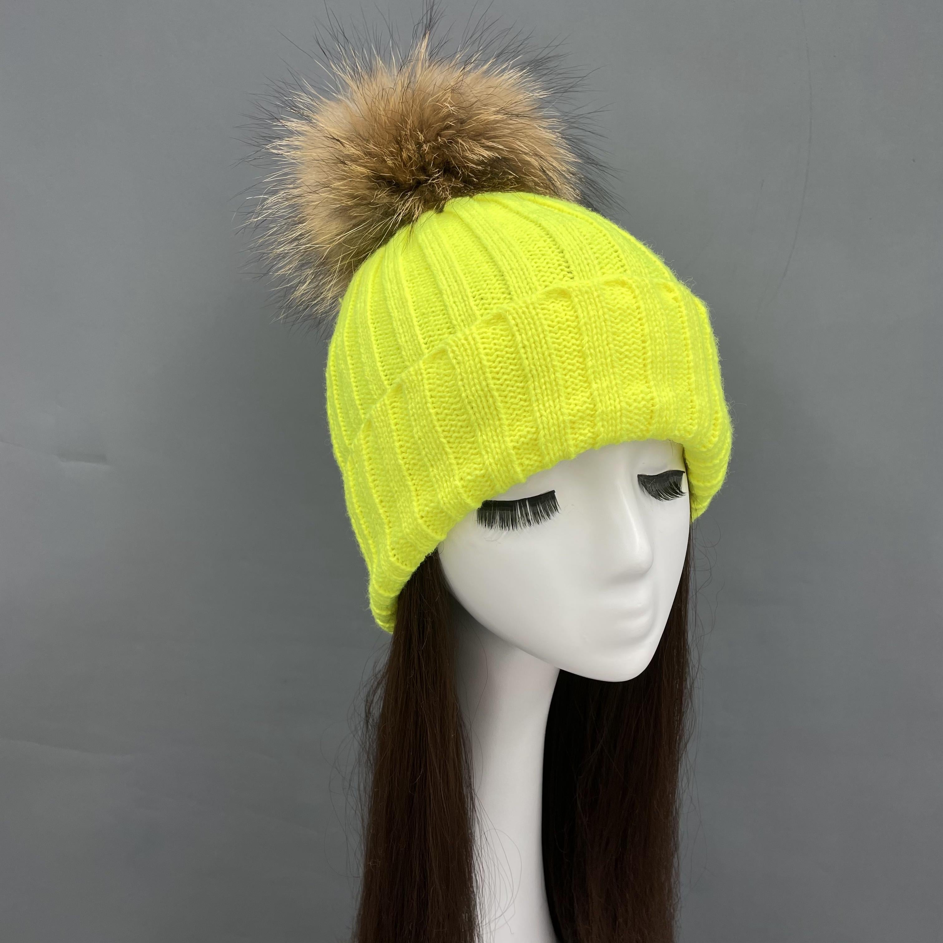 New Fall And Winter Striped With Fur Pom Pom Acrylic Hat - Janefur