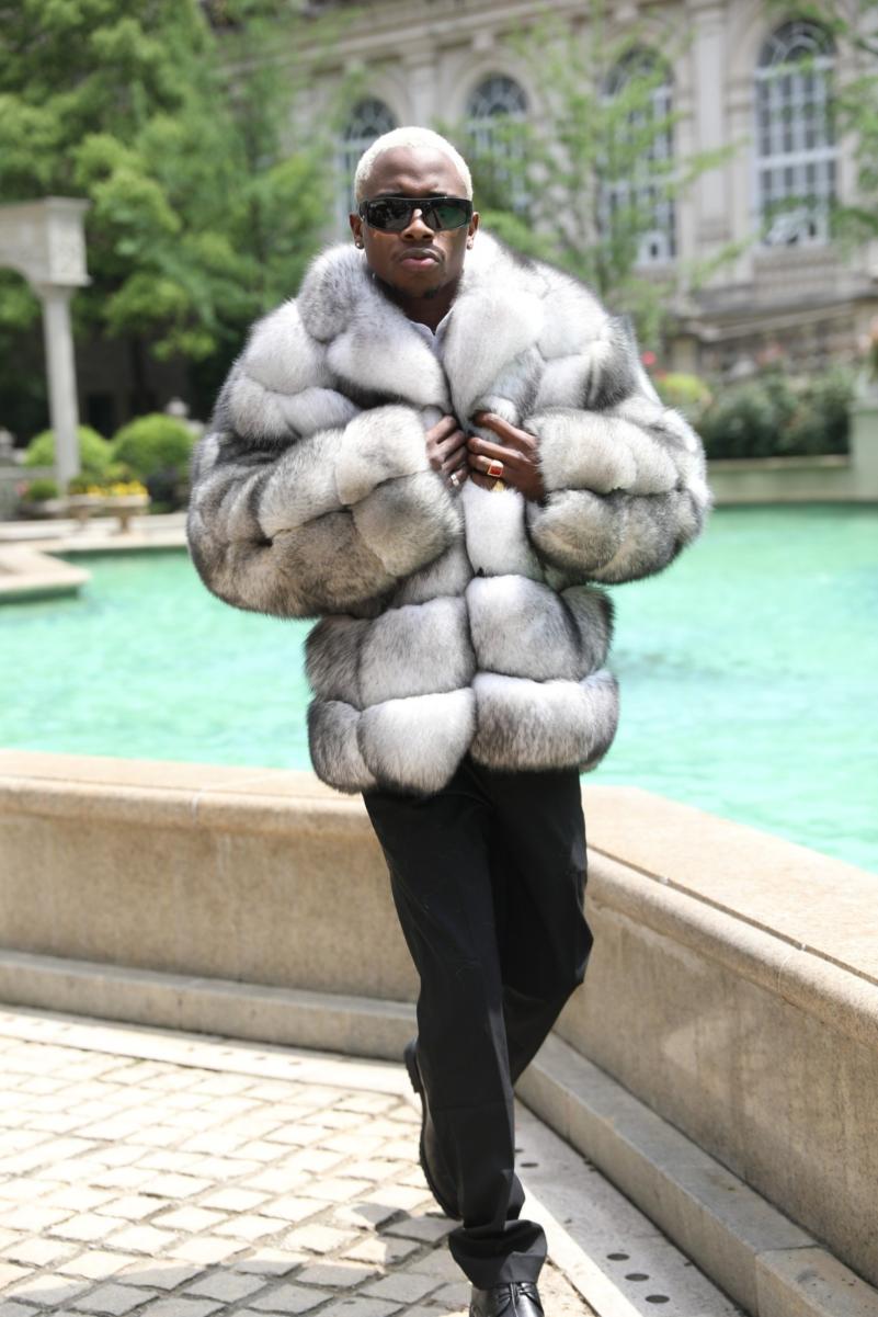 Black And White Fox Fur Coat For Men With Suit Collar - Janefur