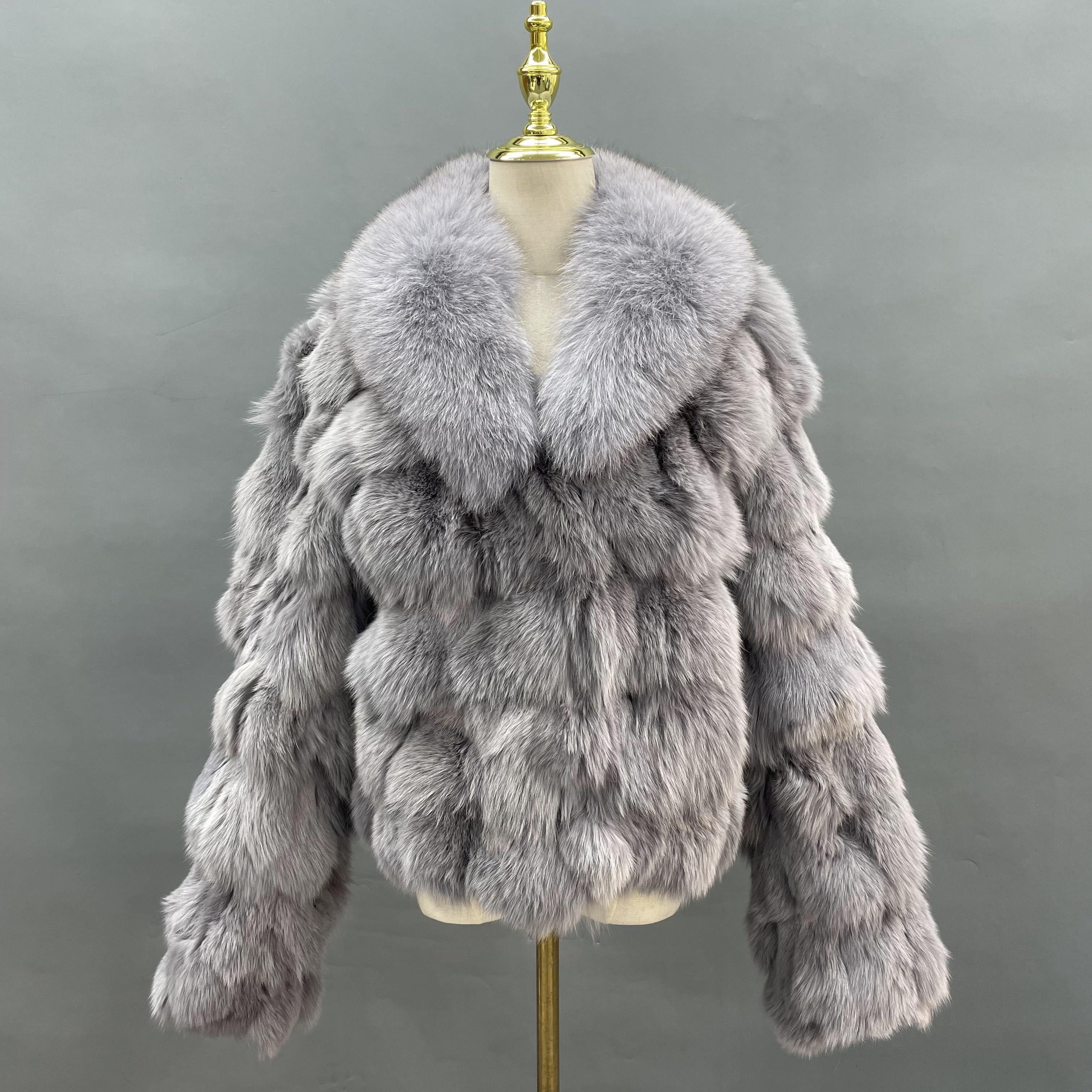 Plus Size Women's Short Stylish Lapel Real Fox Fur Luxury Jacket - Janefur