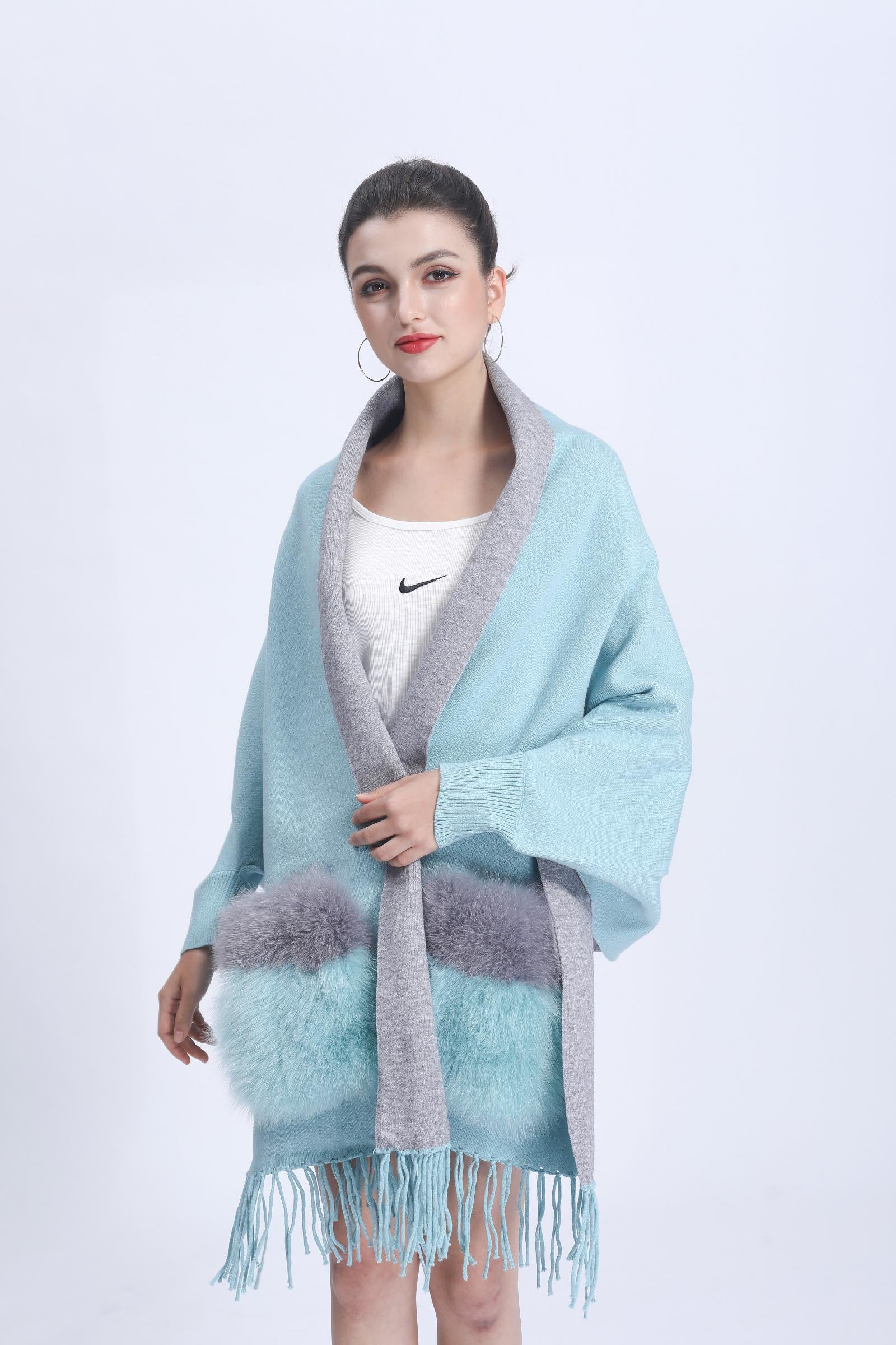 Women's Shawl Cape with Pockets Fur Contrast Ribbed Cuffs Fashionable Soft Sleeved New Cape - Janefur