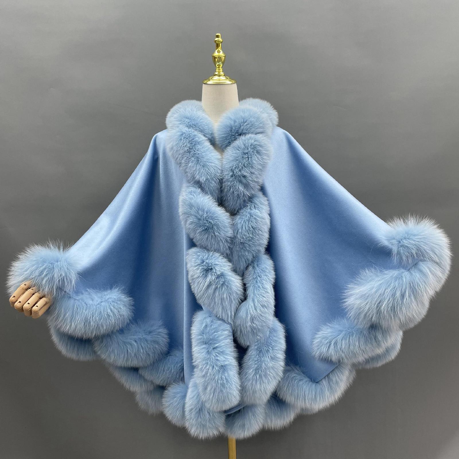 Full Wool Cashmere Cape with Real Fox Fur Fashionable Luxurious Soft Shawl for Women's Coat - Janefur