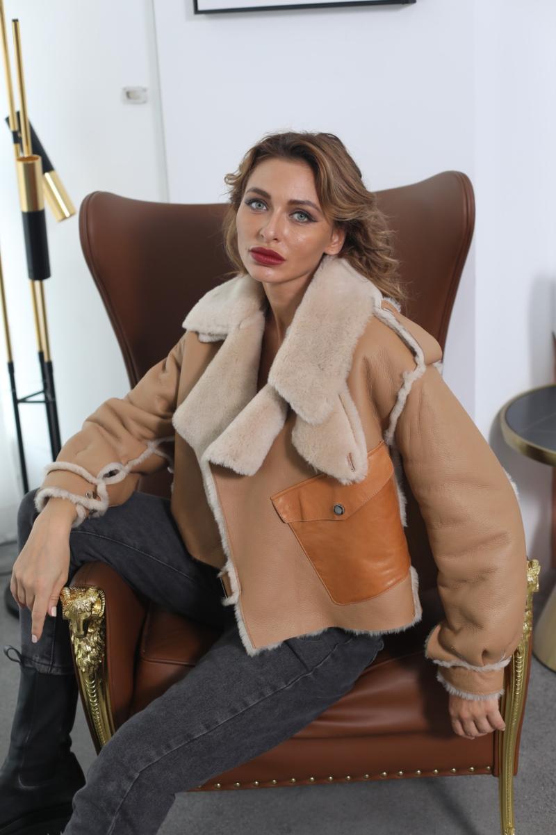 Lamb Fur Leather Jacket For Women With Lapel Pocket - Janefur