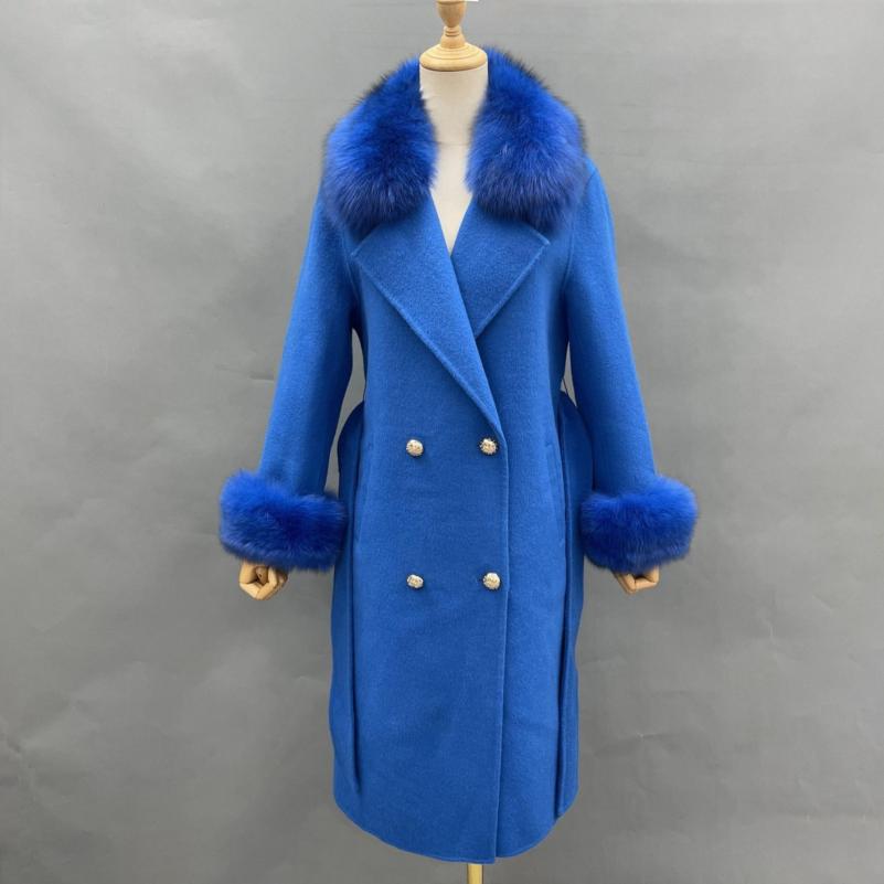 Women's Long Cashmere Coat With Fox Fur Collar And Belt - Janefur