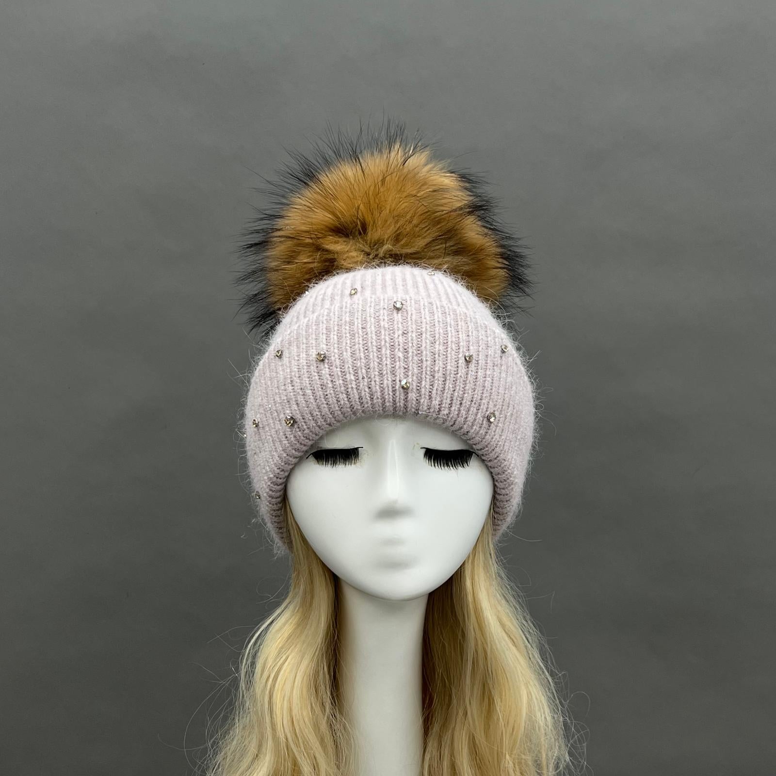 Women's Warm and Casual Rabbit Fur Hat with Sparkling Fur Pompoms - Janefur