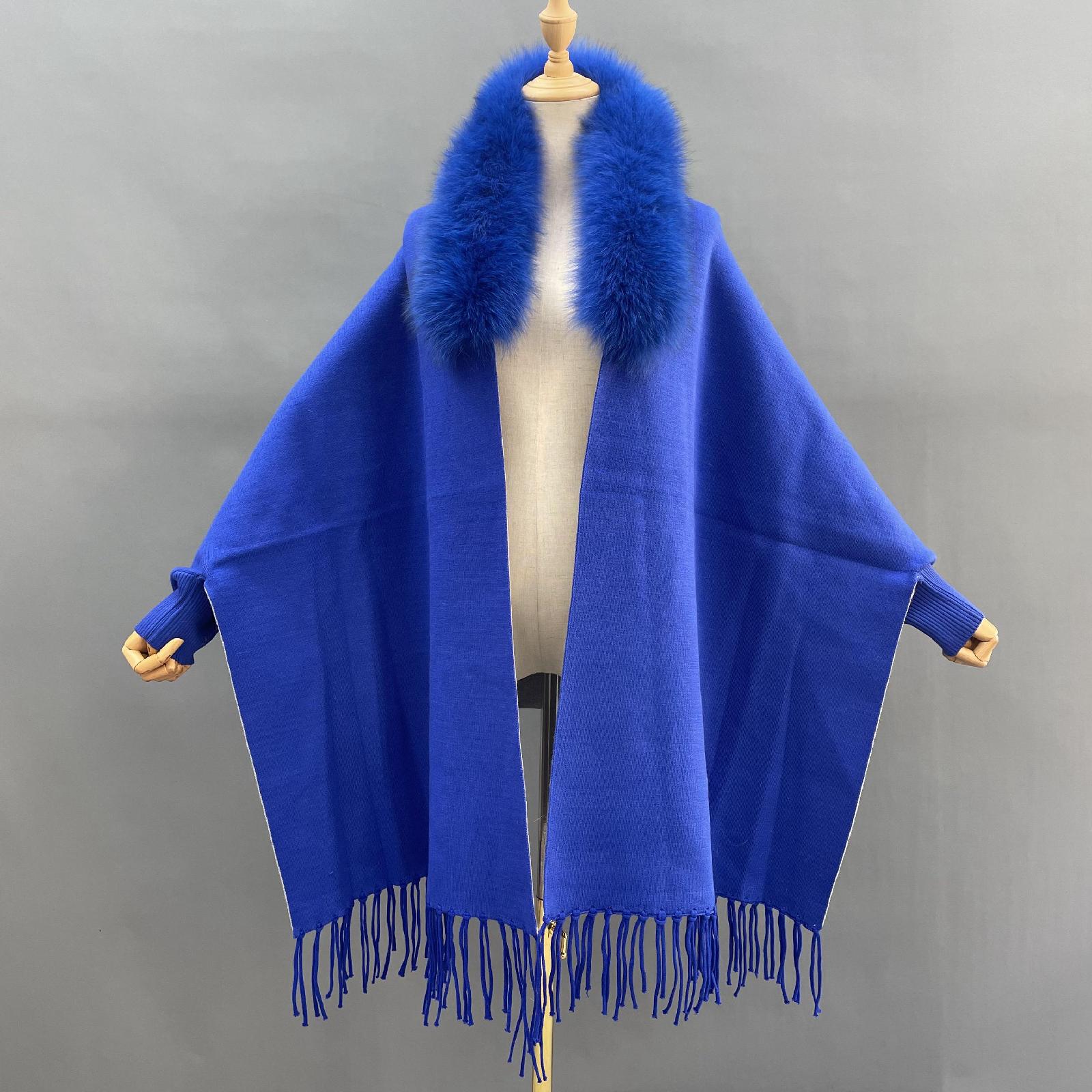 Women's Elegant Shawl with Fur Trim Reversible Two-Tone Cape Ribbed Cuffs Cape - Janefur