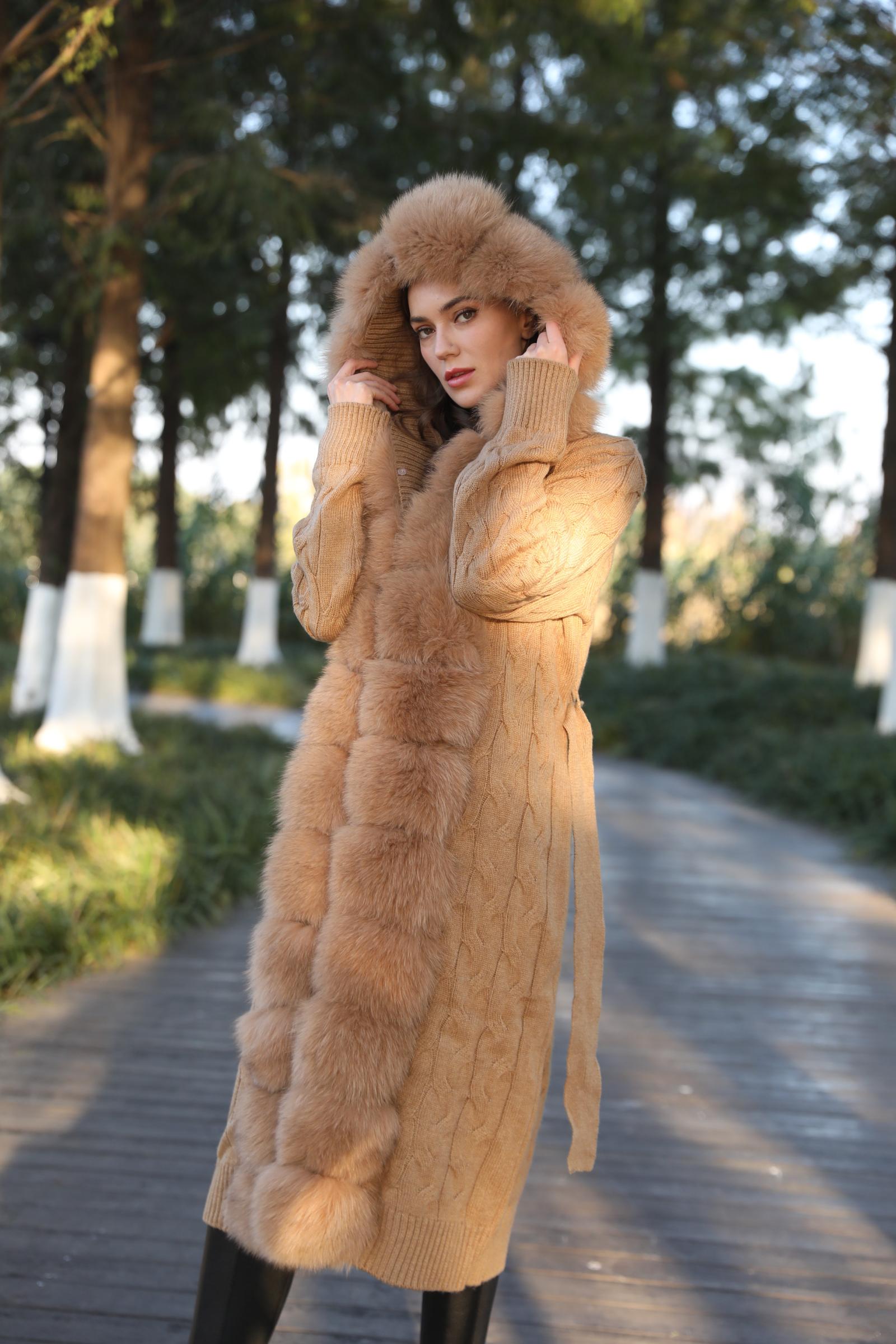Women's Winter Fox Fur Lapel Hooded Knit Wool Fashion Long Coat - Janefur