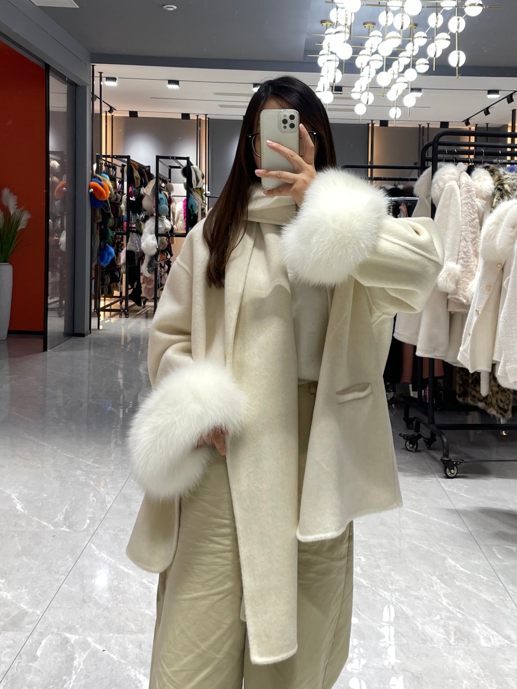New Women’s Double-Faced Wool Coat with Scarf and Real Fox Fur Cuffs – Short Winter Jacket White F-chest 134cm
