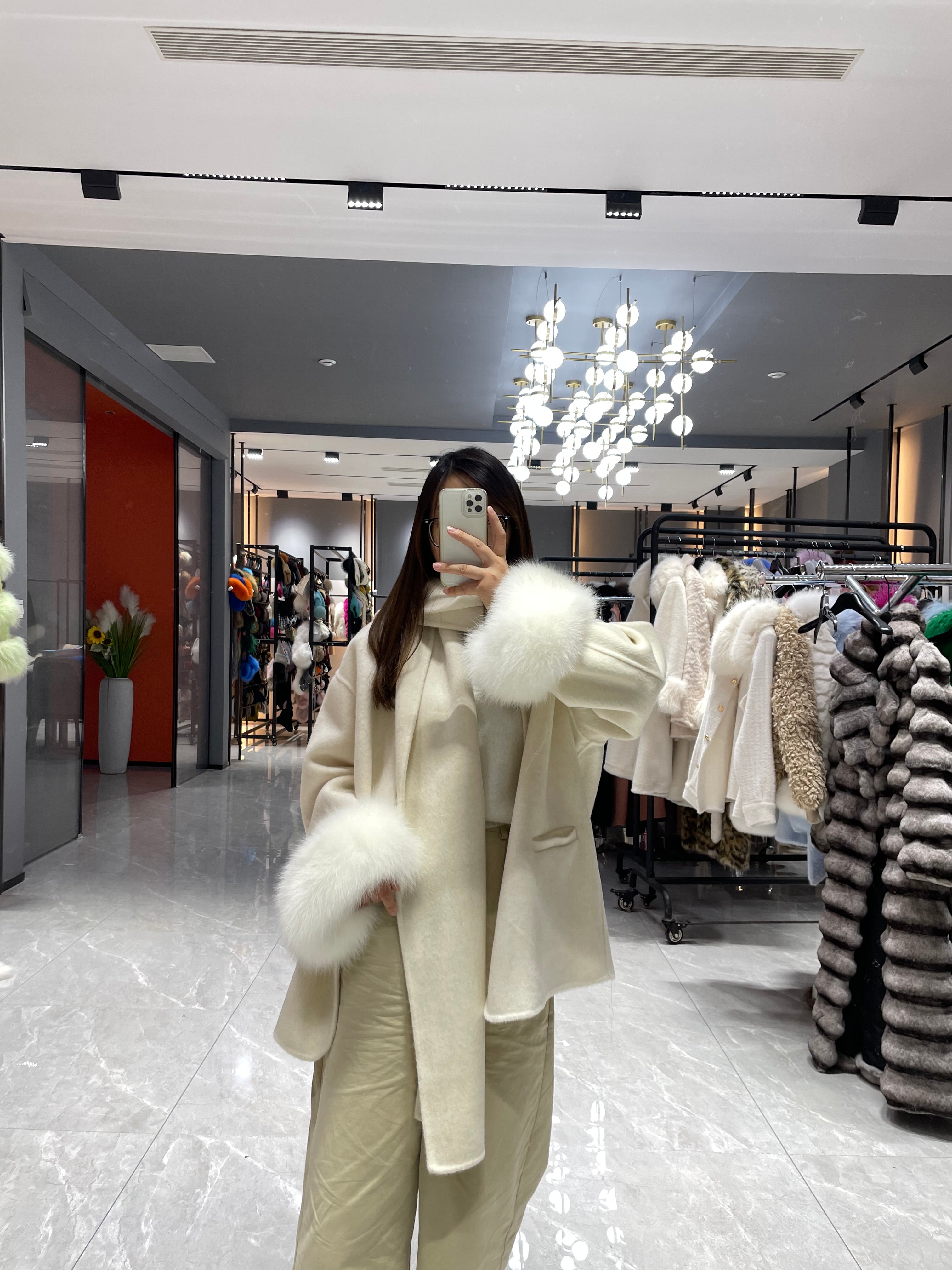 New Women’s Double-Faced Wool Coat with Scarf and Real Fox Fur Cuffs – Short Winter Jacket - Janefur