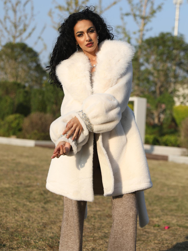Eco-Friendly Faux Mink Fur Women's Jacket with Shawl Collar and Rhinestone Trim - Janefur