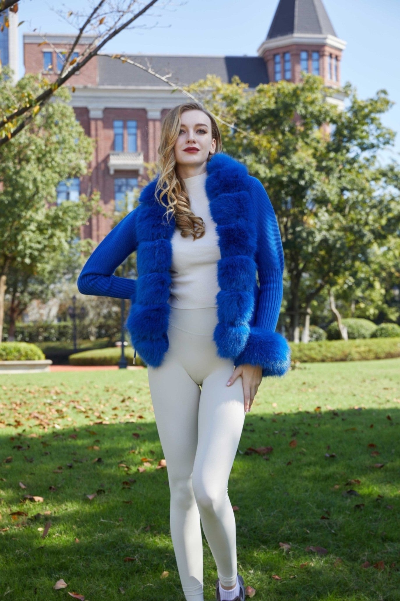 Women's Knitted Sweater Coat Cuff Placket with Eco-Fur Faux Fur - Janefur
