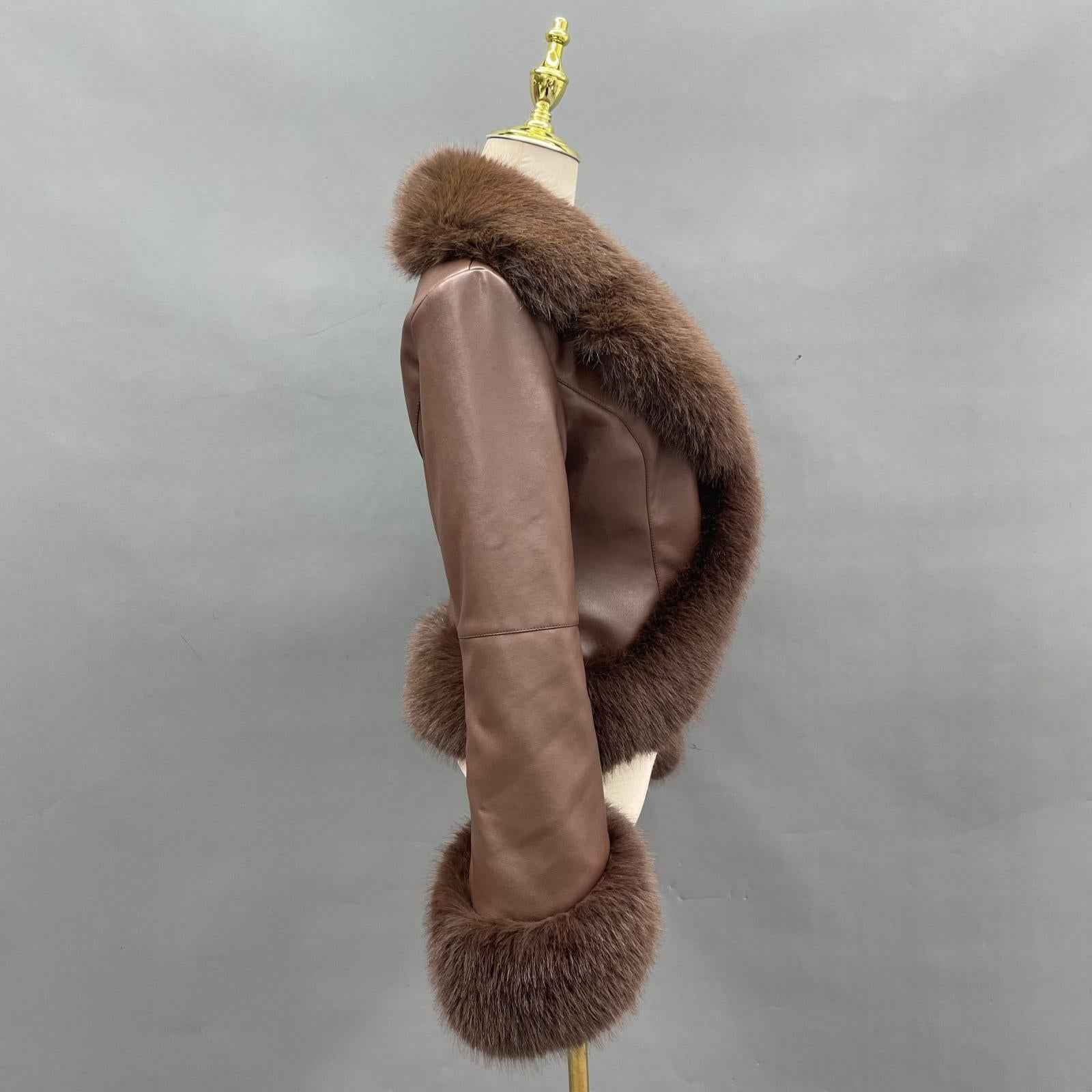 Eco-Friendly Leather-Like Faux Fur Trendy Suit Collar Buttoned Leather Coat - Janefur
