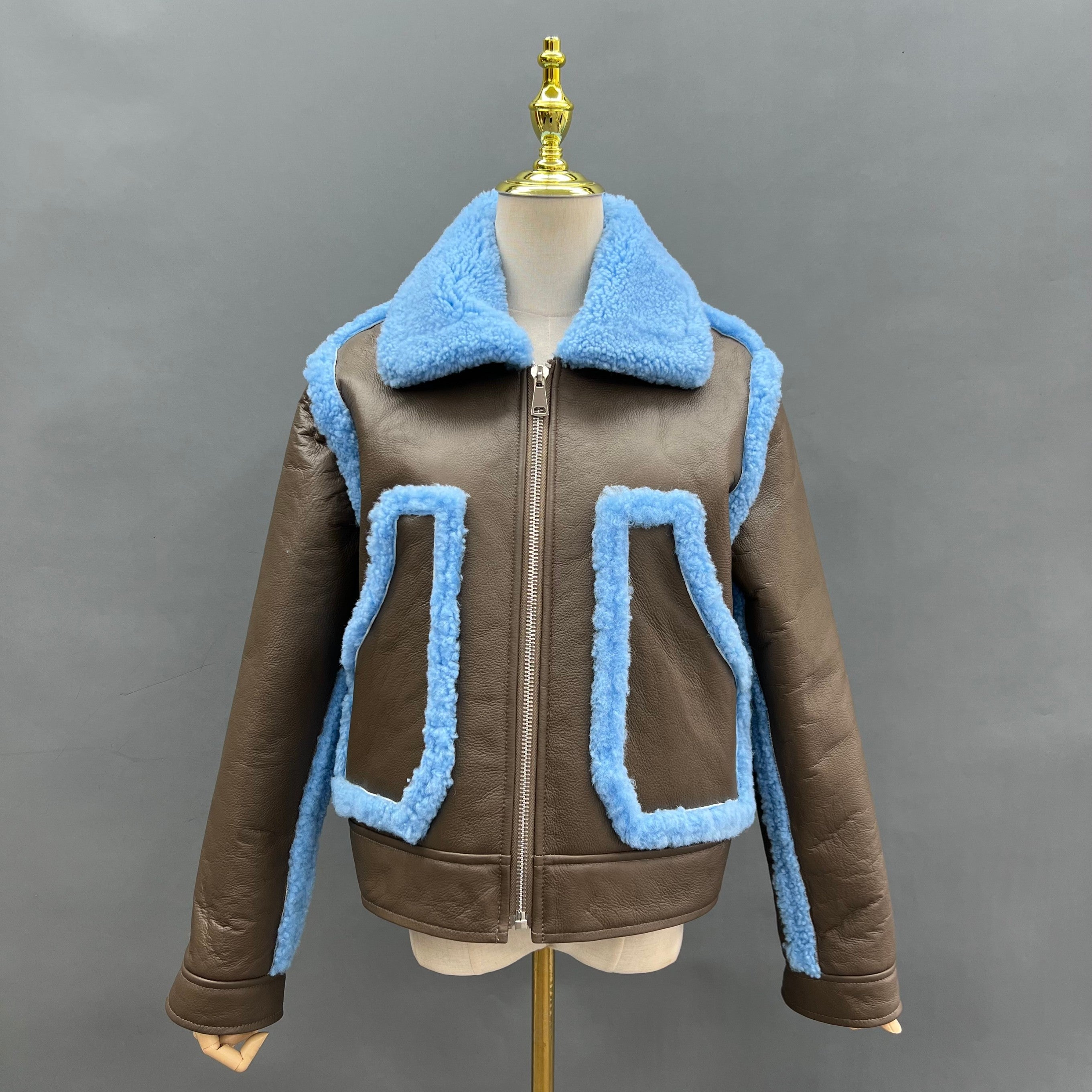 Leather and Fur Collar Design Women's Shearling Short Zipper Coat - Janefur