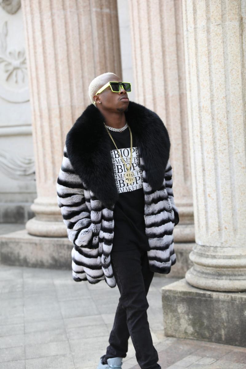 Men's Matching Color Large Fur Collar Rabbit Fur Coat - Janefur