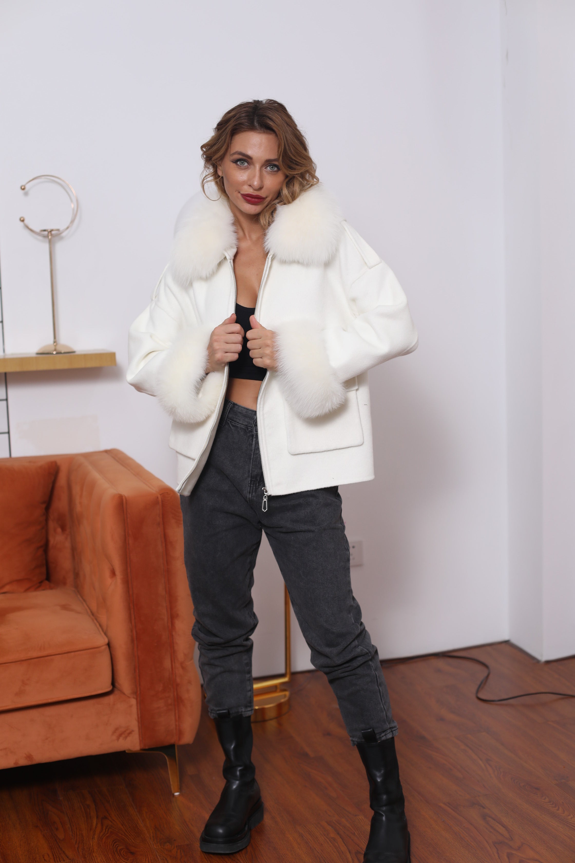 Big Pocket Lapel Fox Fur Cashmere Zipped Jacket - Janefur