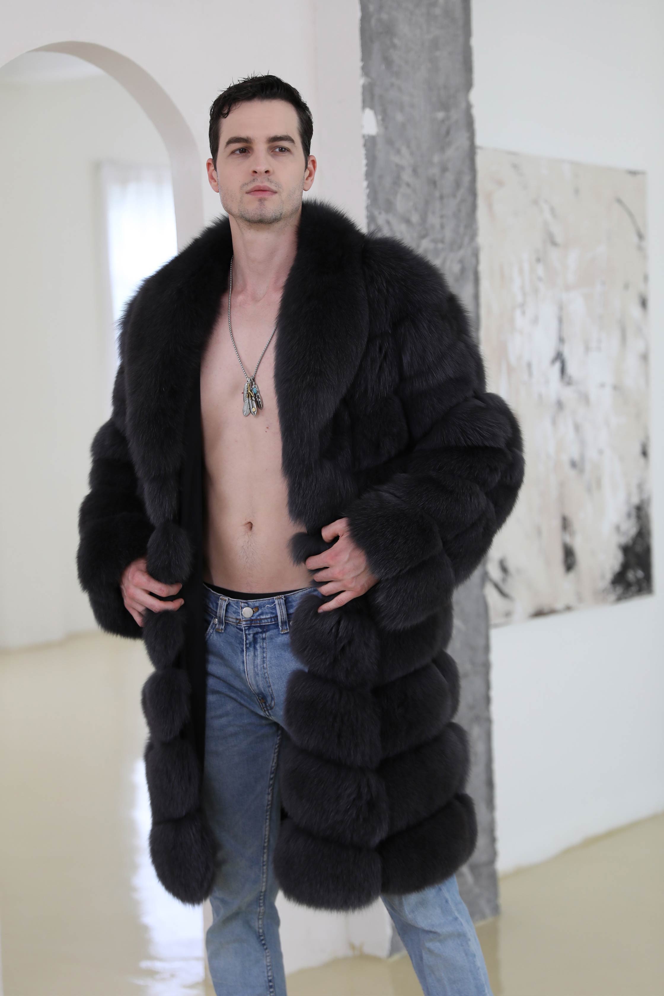 Warm Winter Men's Long V-neck Luxury Real Fox Fur Coat - Janefur