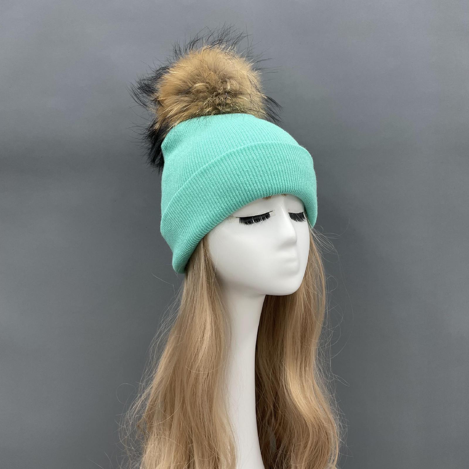 Solid Color Acrylic Knitted Hat with Single Fur Pom Pom Women's Knit Cap - Janefur