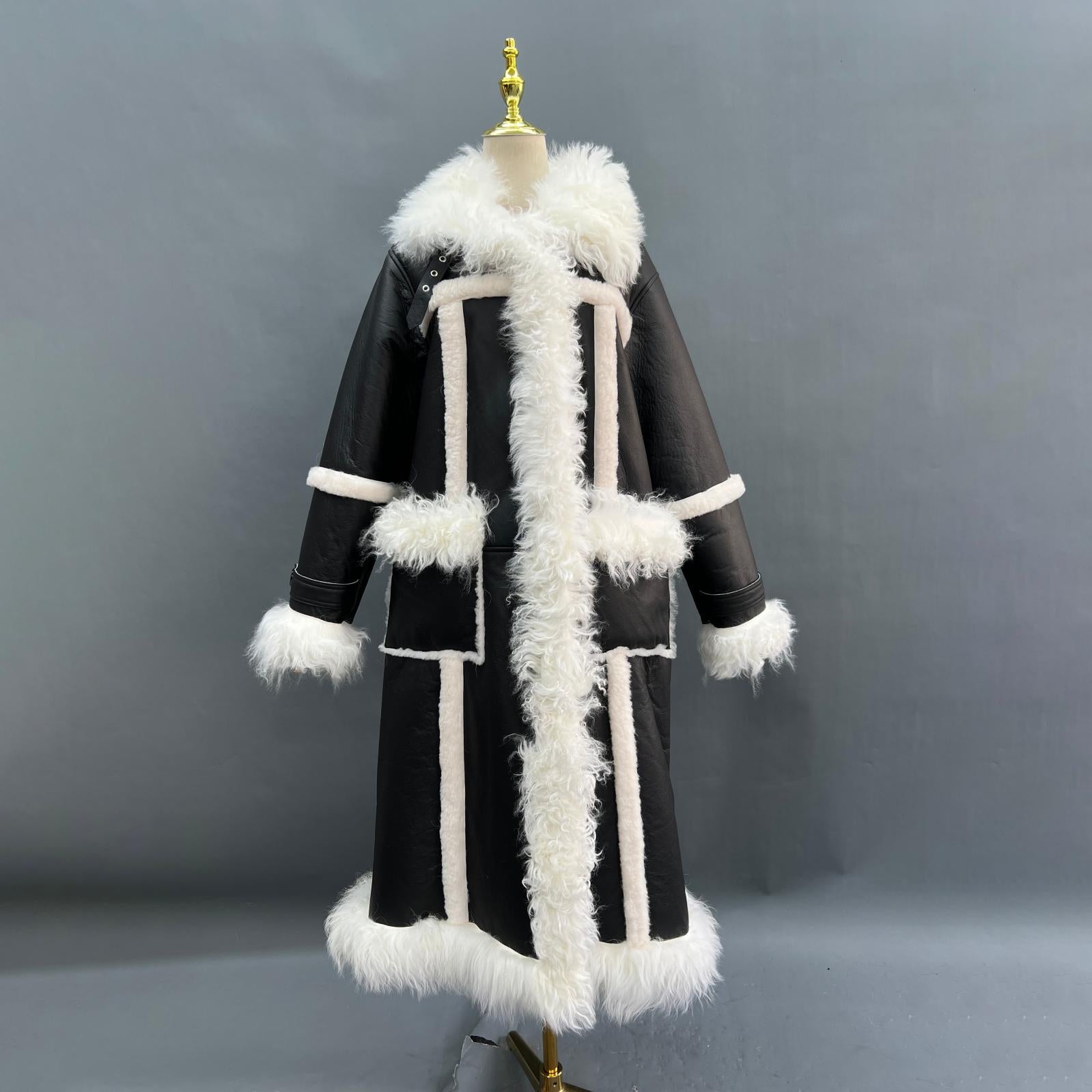 Long Black Shearling Thick Coat Pure Sheepskin Thermal Leather Coat - Janefur