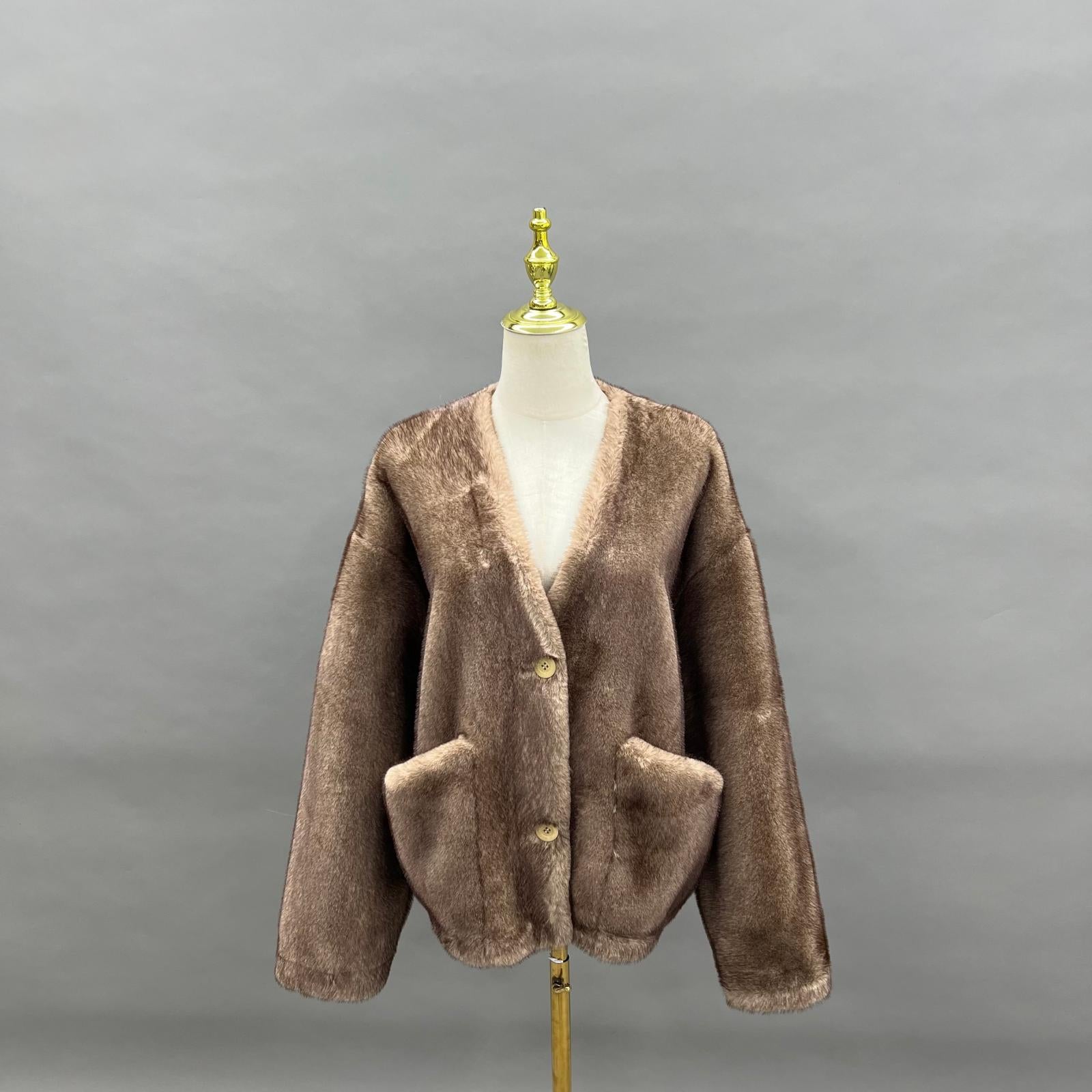Eco Friendly Wool Jacket Women's New Style Chic V Neck Large Pocket Faux Fur Outerwear - Janefur