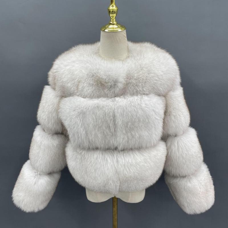 Women's Warm Round Neck Real Fur Blue Fox Short Coat In Winter - Janefur