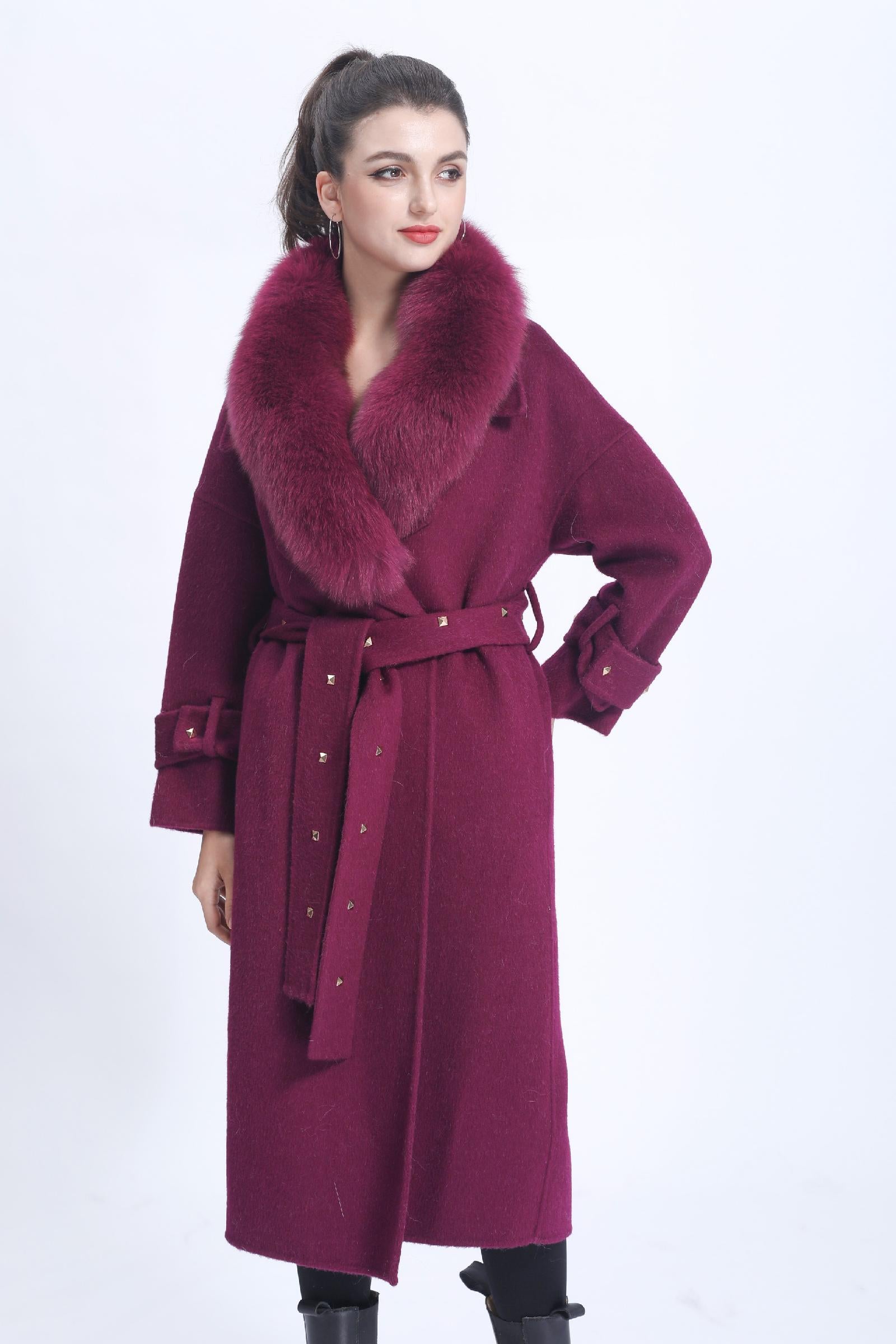 Women's Double-faced Wool Coat with Large Fur Lapel and Rivet Buttons Cashmere Jacket - Janefur