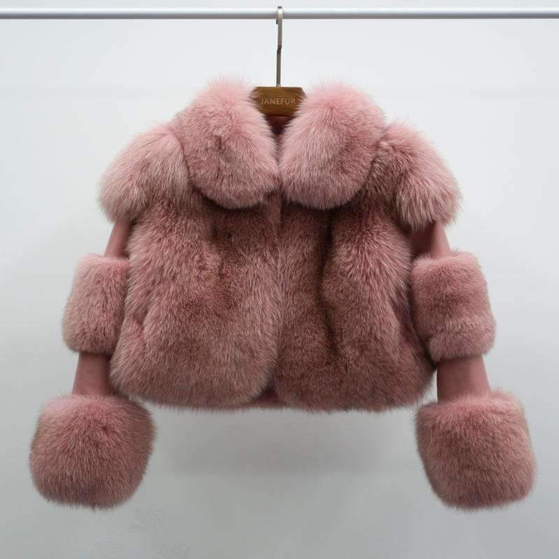 Women's Lapel Luxury Fox Jacket Full Fur Solid Color Short Style - Janefur
