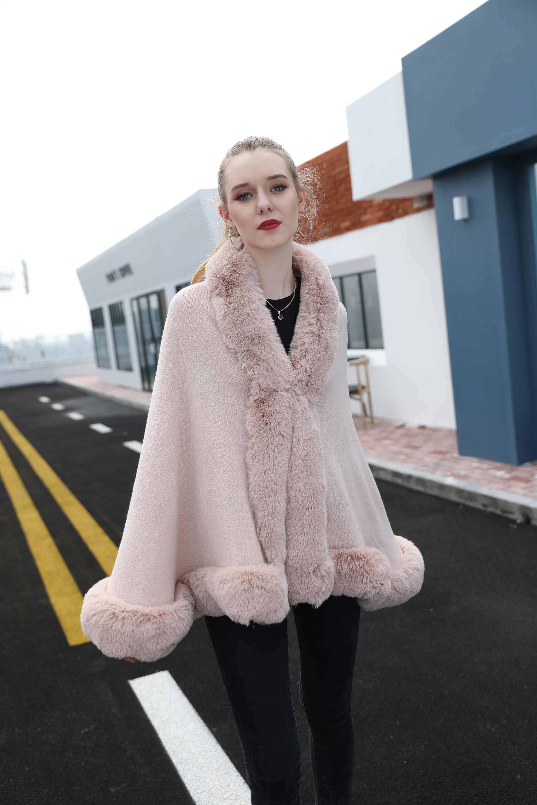 Janefur Wholesale Fashion Women Knitted Cape Shawl with Faux Fur Trim - Janefur