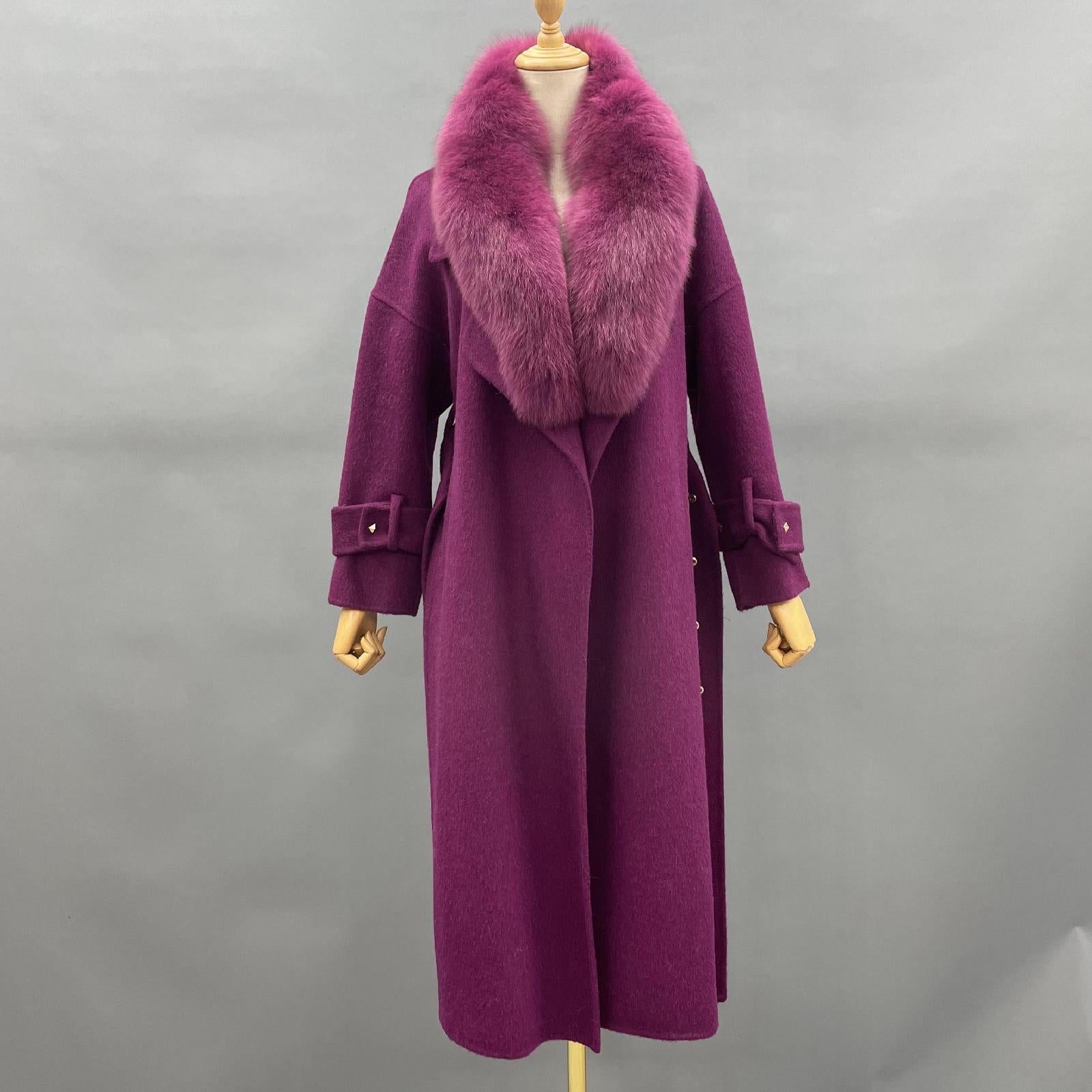 Women's Double-faced Wool Coat with Large Fur Lapel and Rivet Buttons Cashmere Jacket - Janefur