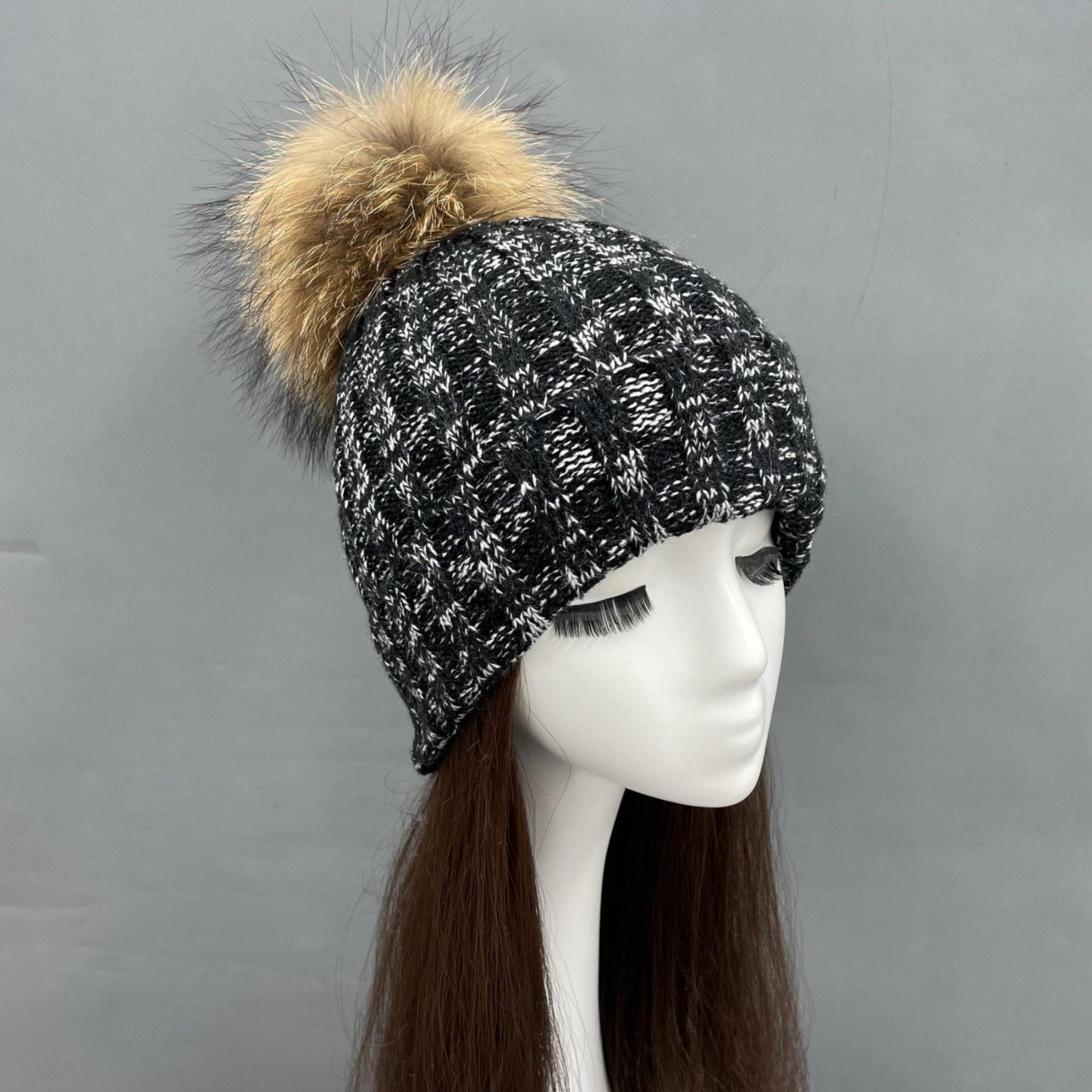 New Fall And Winter Striped With Fur Pom Pom Acrylic Hat - Janefur