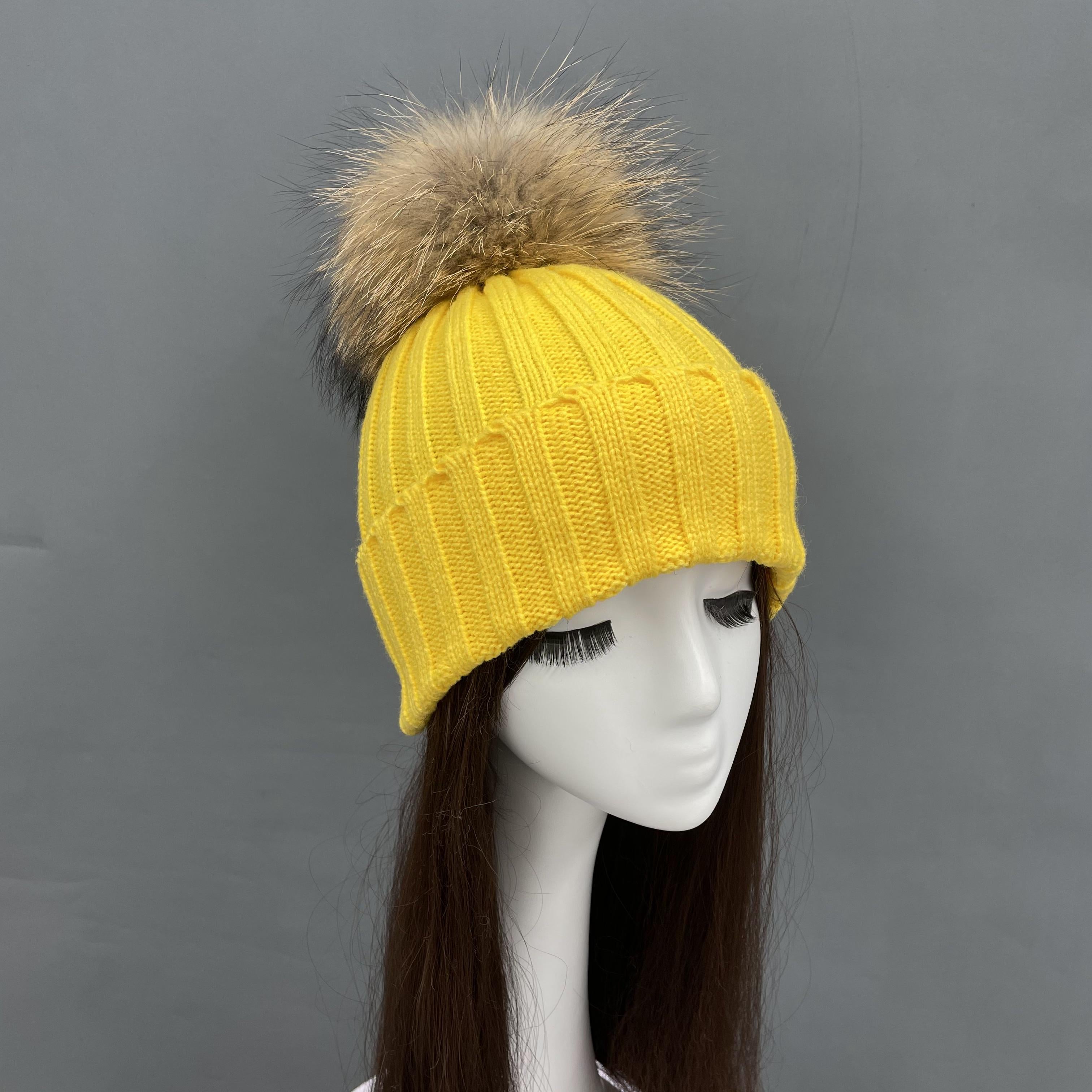 New Fall And Winter Striped With Fur Pom Pom Acrylic Hat - Janefur