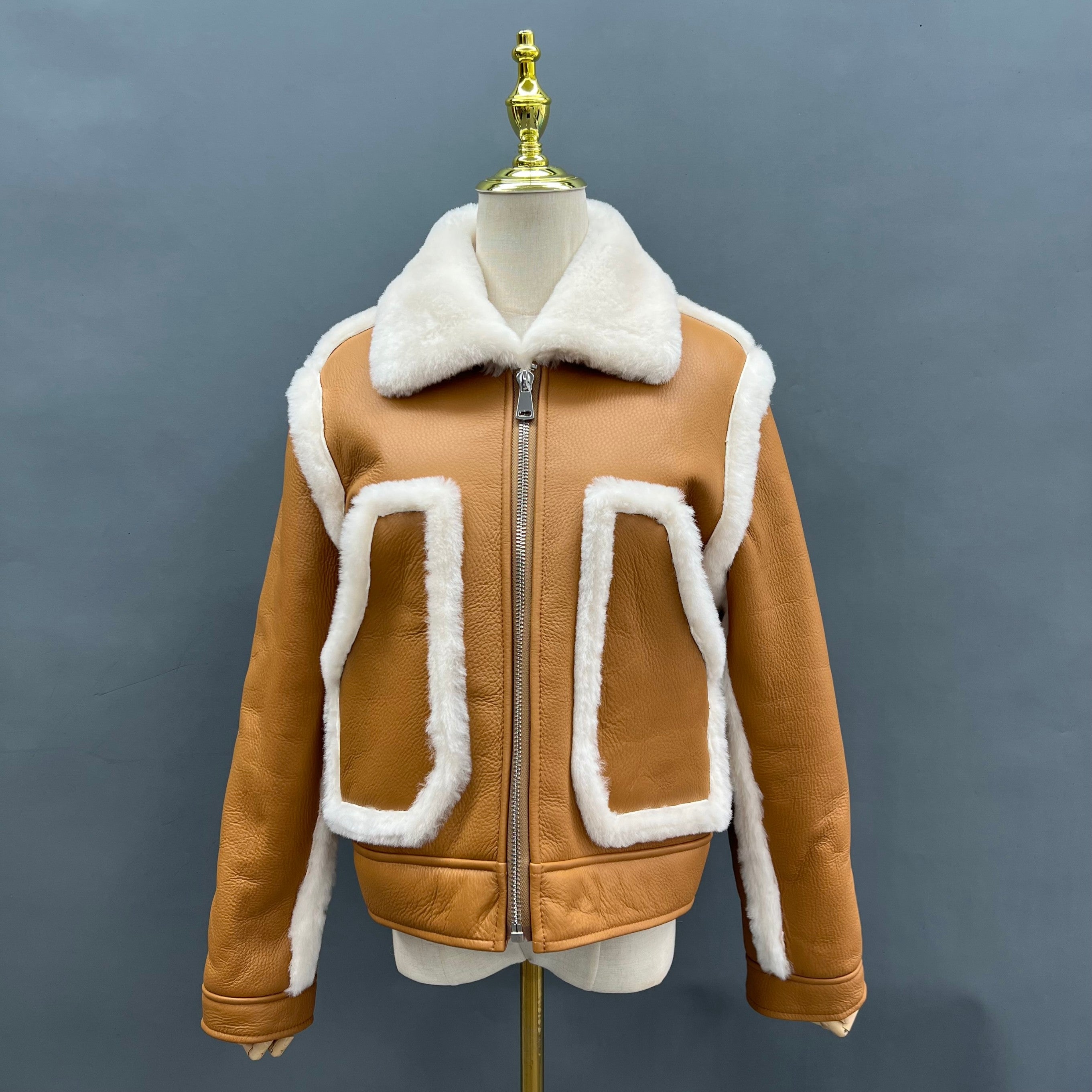 Leather and Fur Collar Design Women's Shearling Short Zipper Coat - Janefur