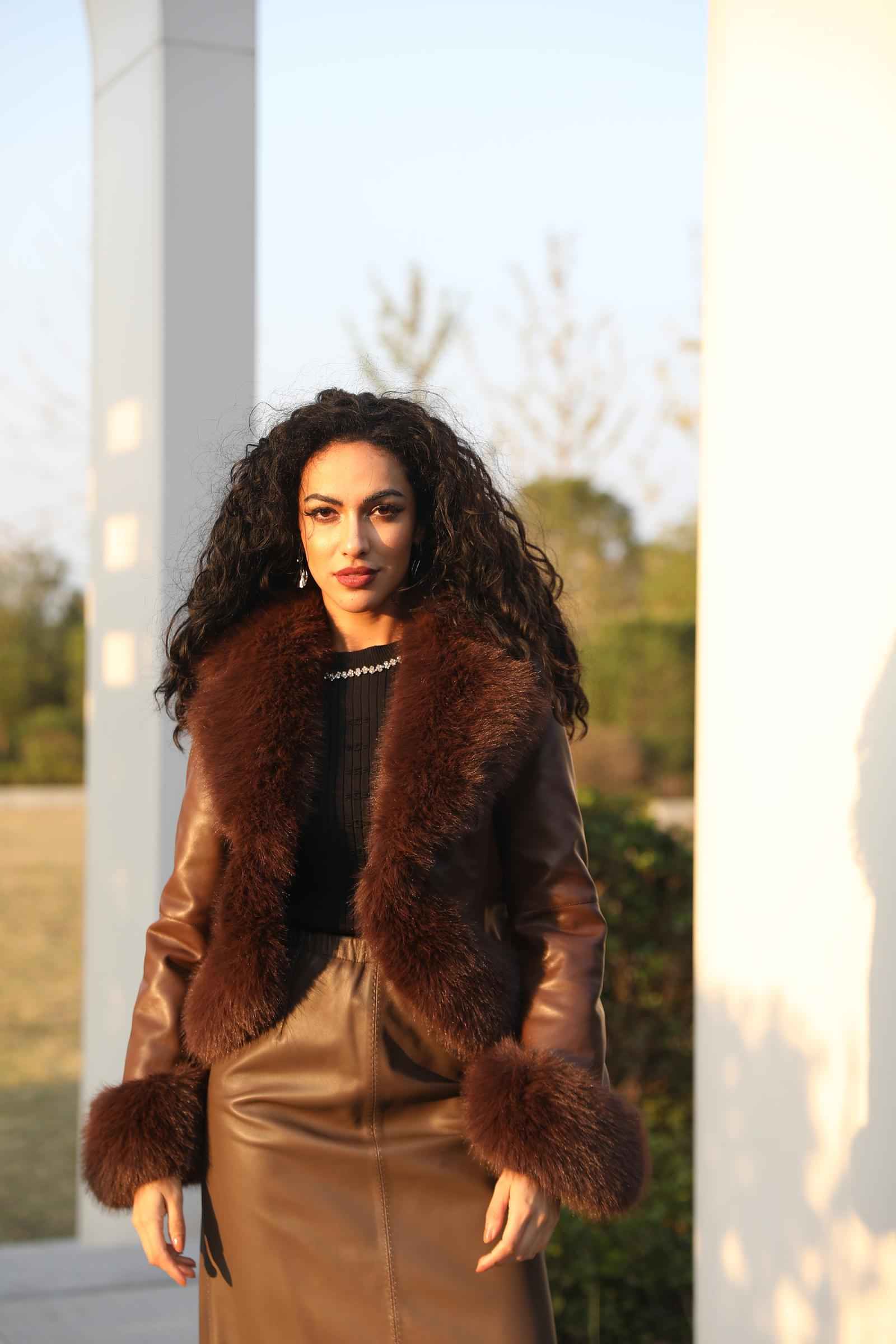 Eco-Friendly Leather-Like Faux Fur Trendy Suit Collar Buttoned Leather Coat - Janefur