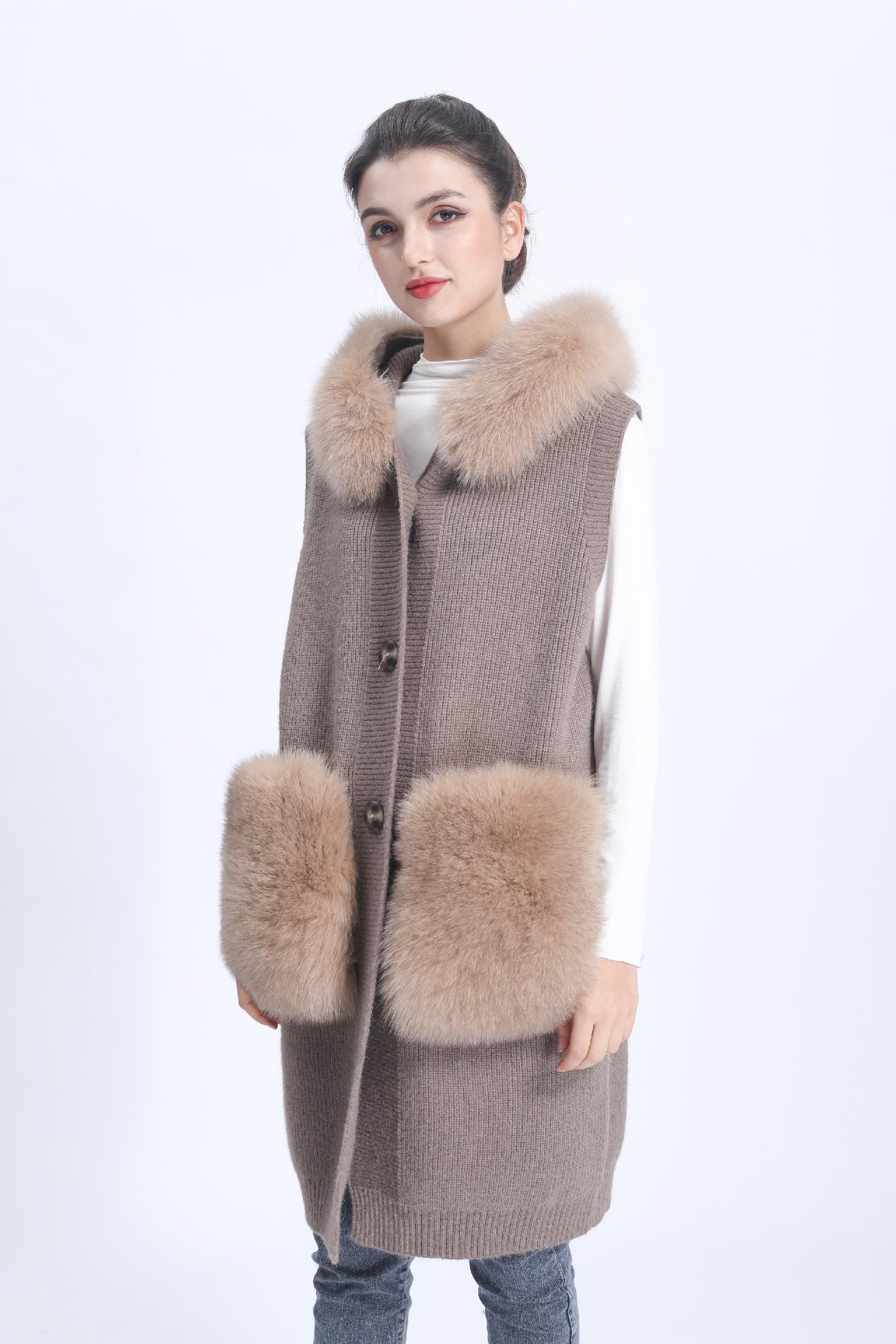 Women's Knitted Sweater Hooded Vest Sleeveless Button Down Cardigan Outwear Top with Pockets - Janefur
