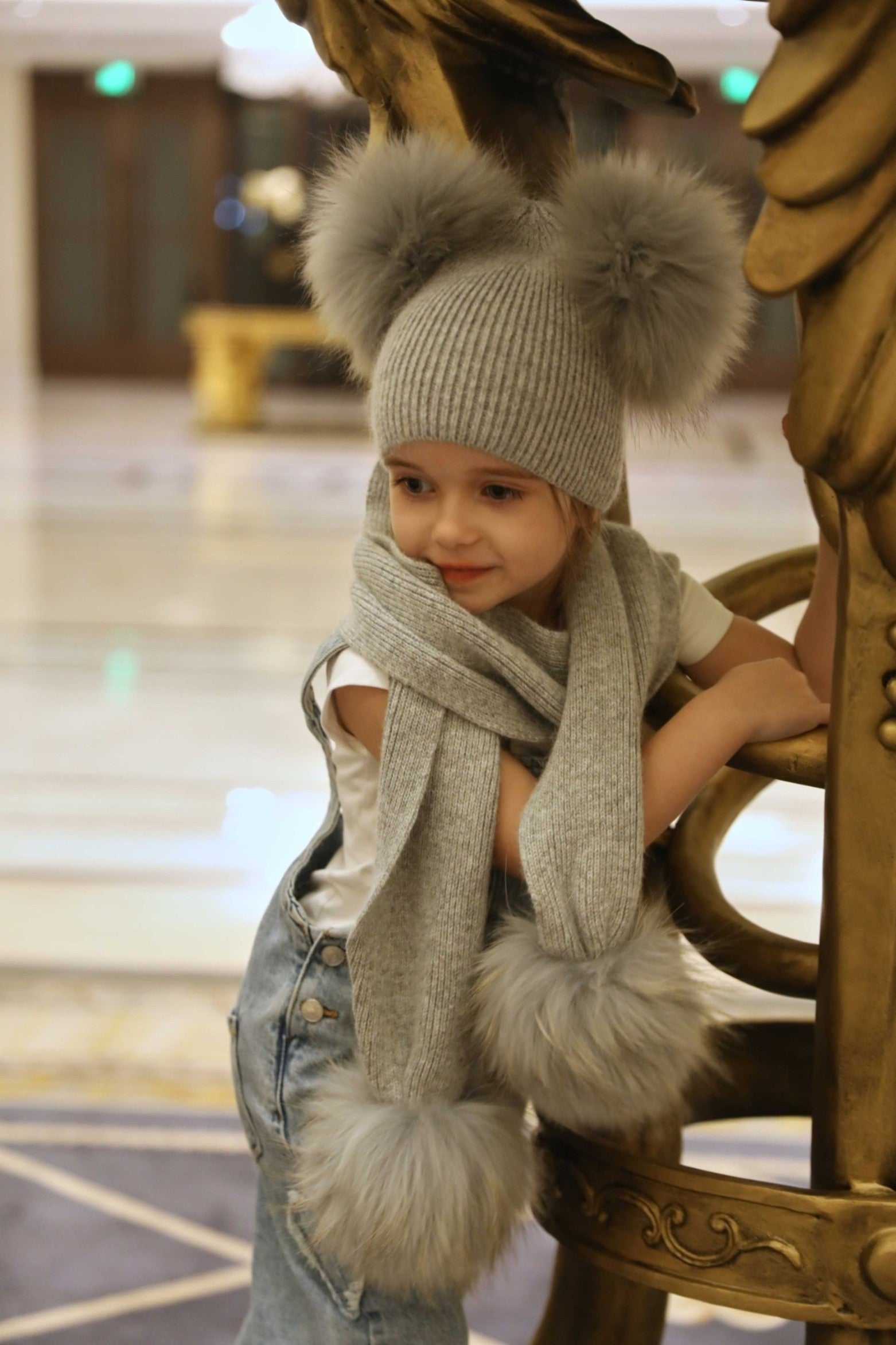 Children's Knitted Angora Double Fur Pom Pom Scarf - Janefur