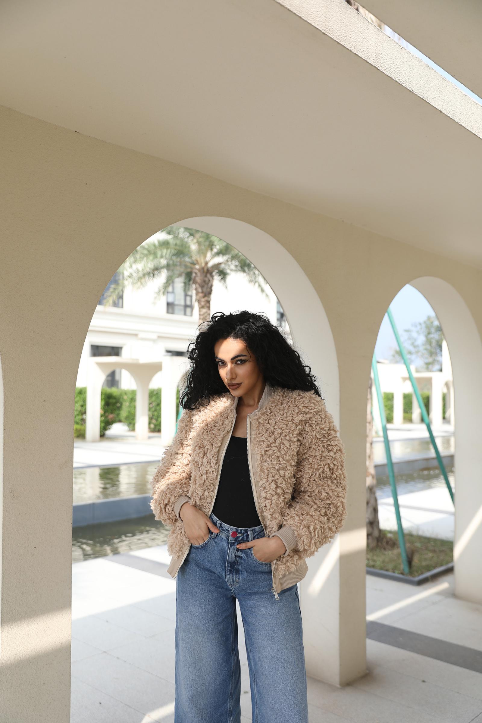 Eco Friendly Wool Baseball Jacket Women's Faux Fur Casual Daily Short Jacket - Janefur