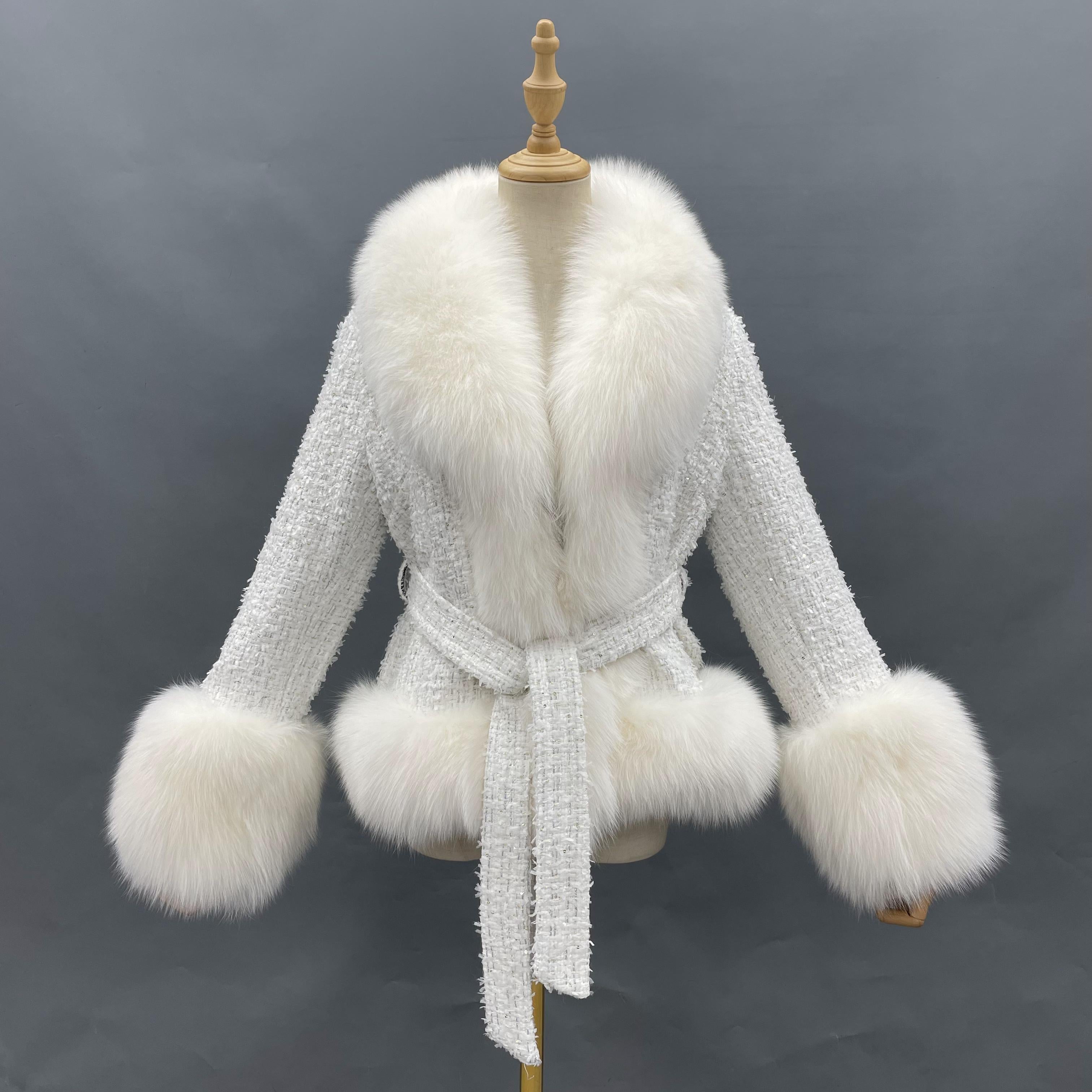 Mandarin Collar Wool Checkered Short Jacket with Fur Trim - Janefur